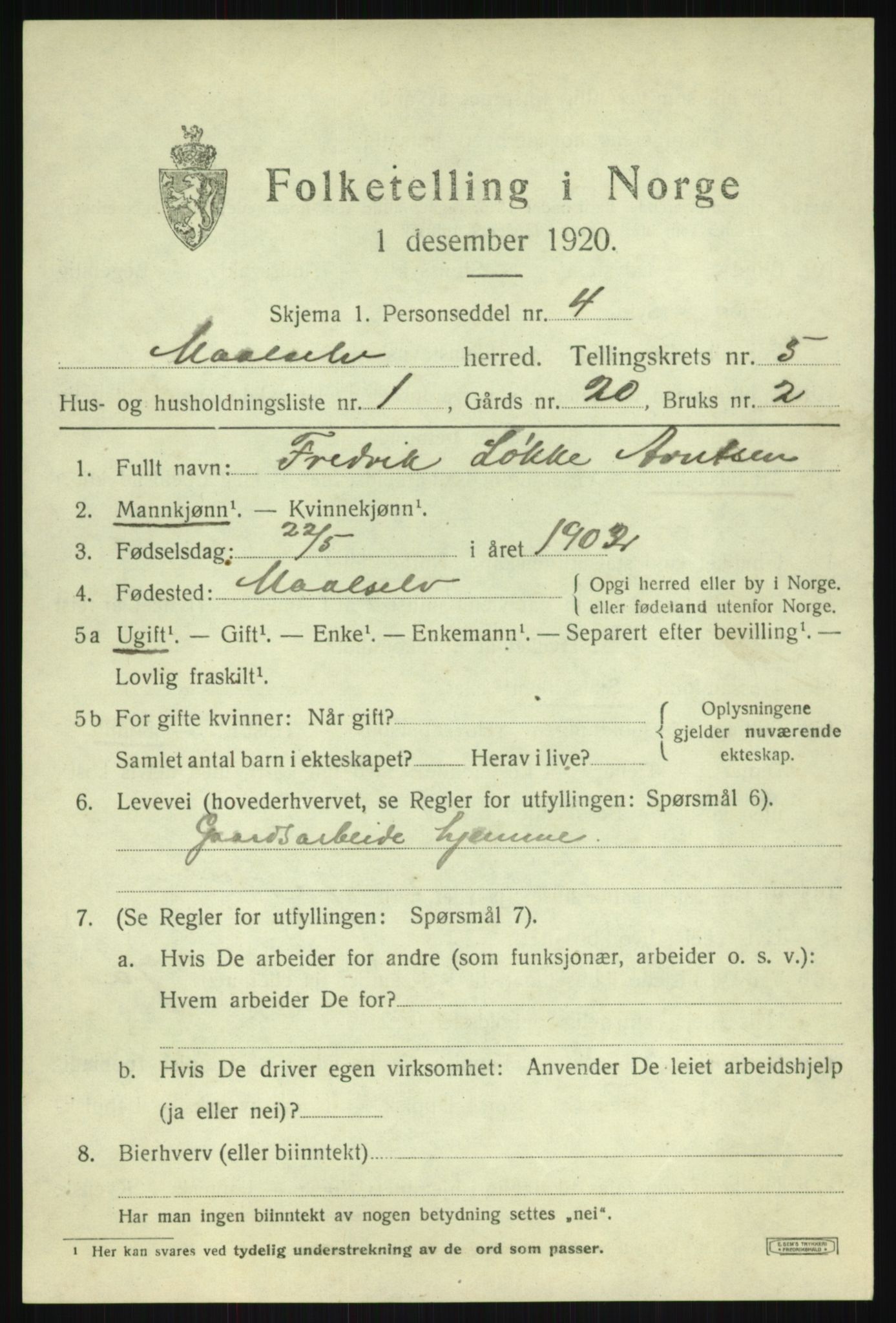 SATØ, 1920 census for Målselv, 1920, p. 3157