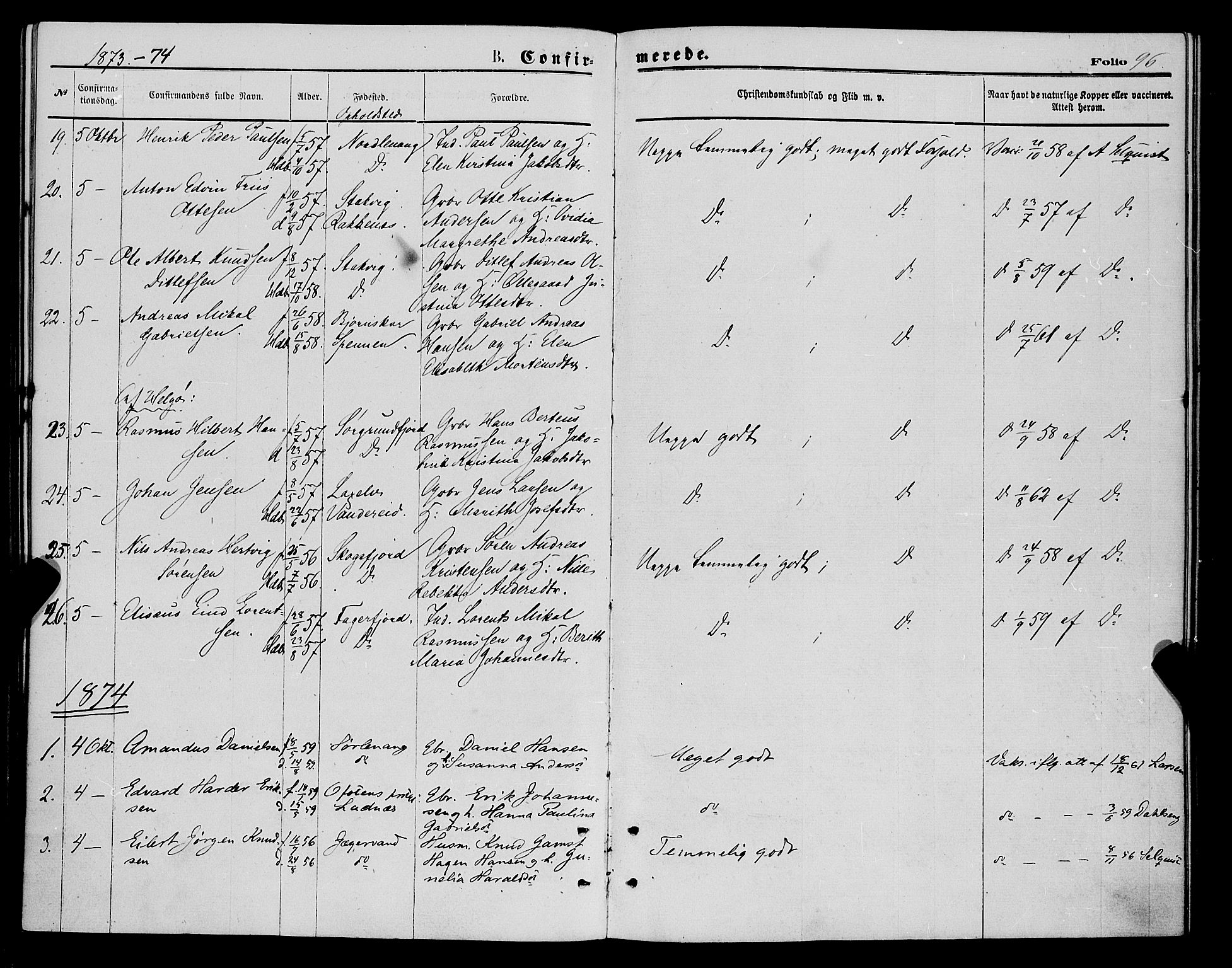 Karlsøy sokneprestembete, AV/SATØ-S-1299/H/Ha/Haa/L0005kirke: Parish register (official) no. 5, 1872-1878, p. 96