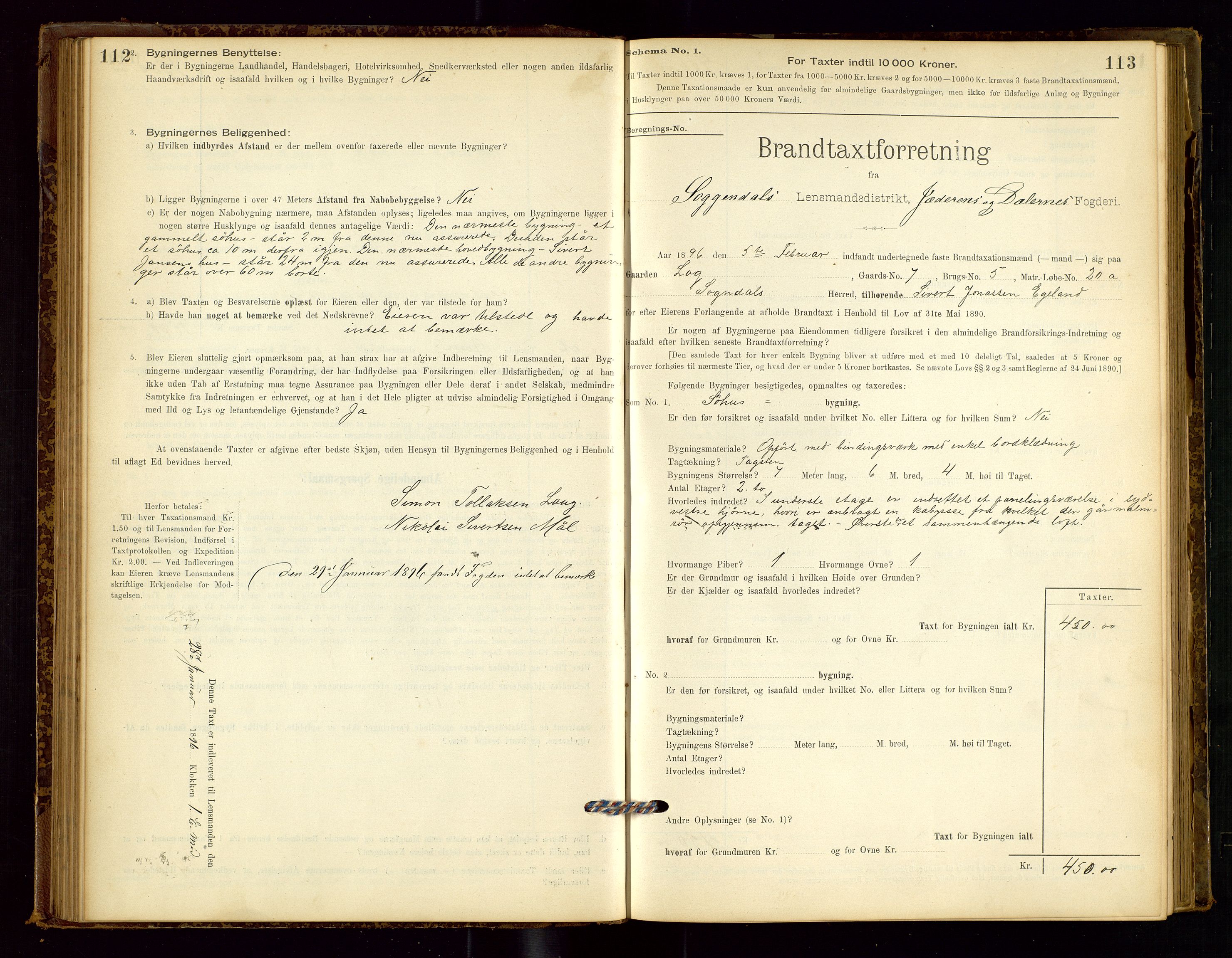 Sokndal lensmannskontor, AV/SAST-A-100417/Gob/L0001: "Brandtaxt-Protokol", 1895-1902, p. 112-113