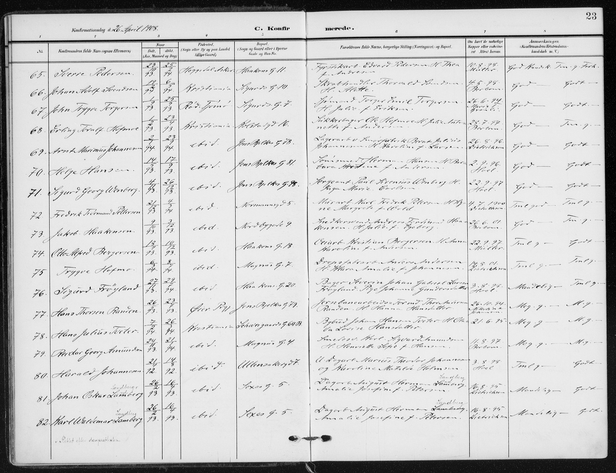 Kampen prestekontor Kirkebøker, AV/SAO-A-10853/F/Fa/L0011: Parish register (official) no. I 11, 1907-1917, p. 23