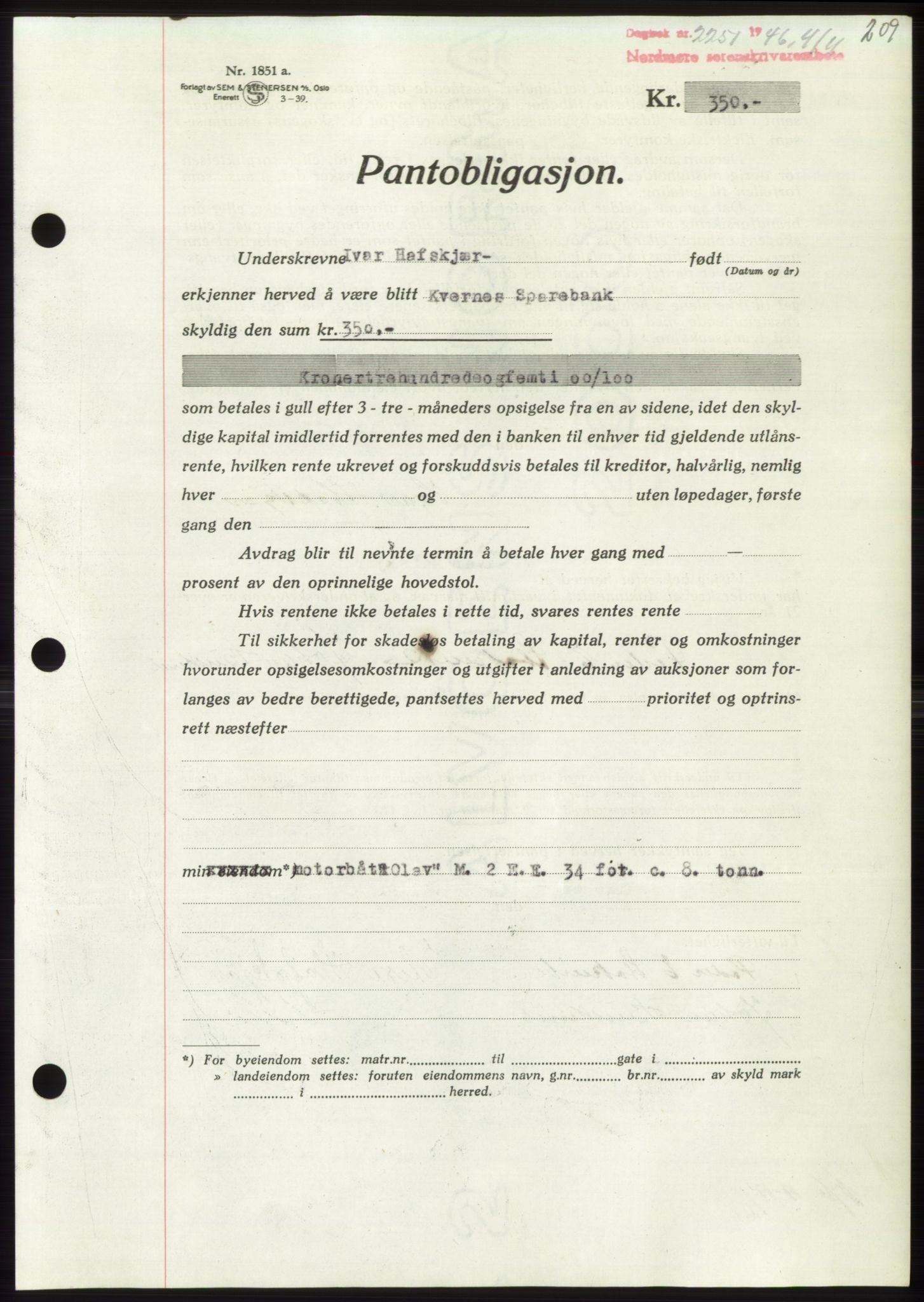 Nordmøre sorenskriveri, AV/SAT-A-4132/1/2/2Ca: Mortgage book no. B95, 1946-1947, Diary no: : 2251/1946