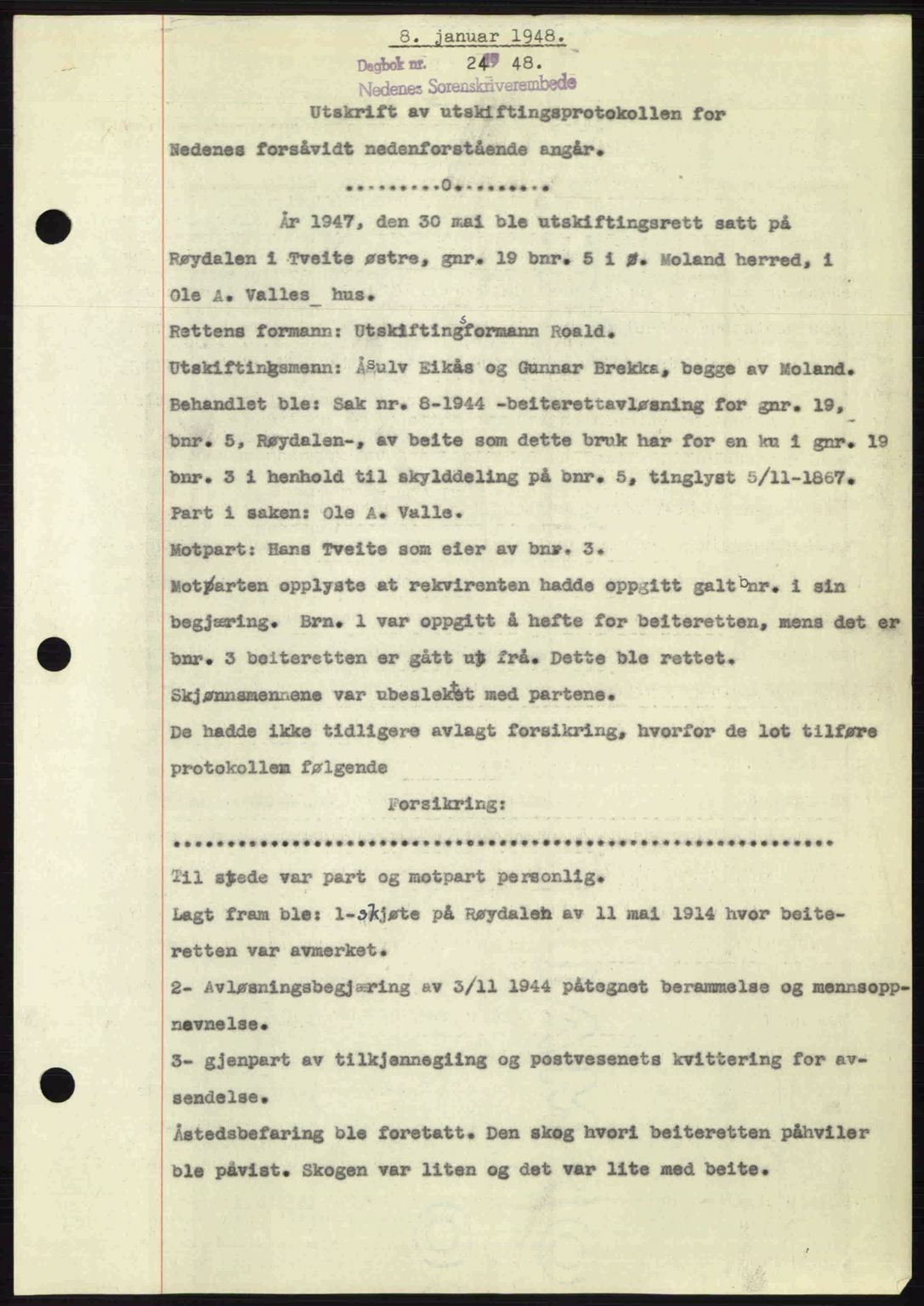 Nedenes sorenskriveri, SAK/1221-0006/G/Gb/Gba/L0058: Mortgage book no. A10, 1947-1948, Diary no: : 24/1948