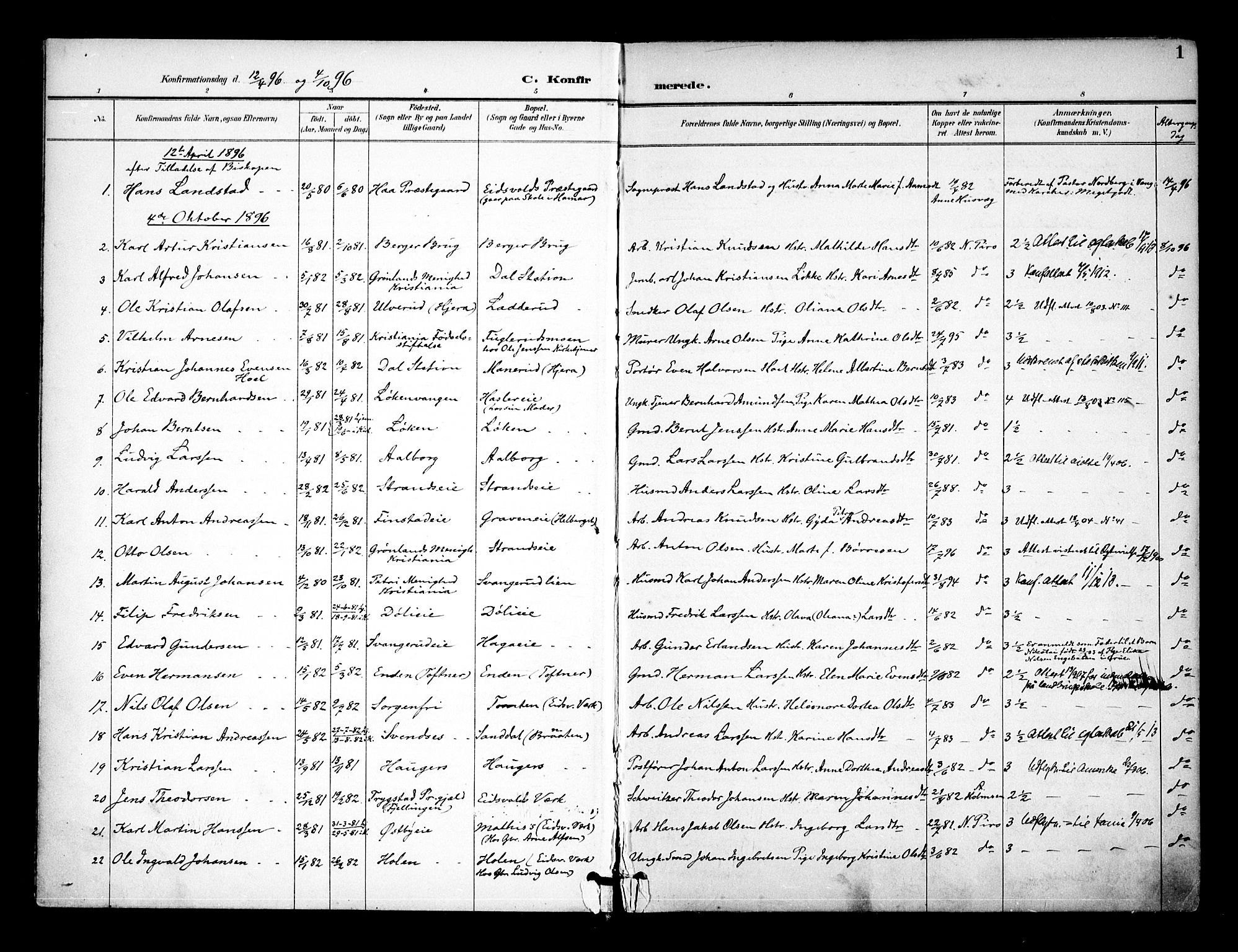 Eidsvoll prestekontor Kirkebøker, AV/SAO-A-10888/F/Fa/L0005: Parish register (official) no. I 5, 1896-1906, p. 1