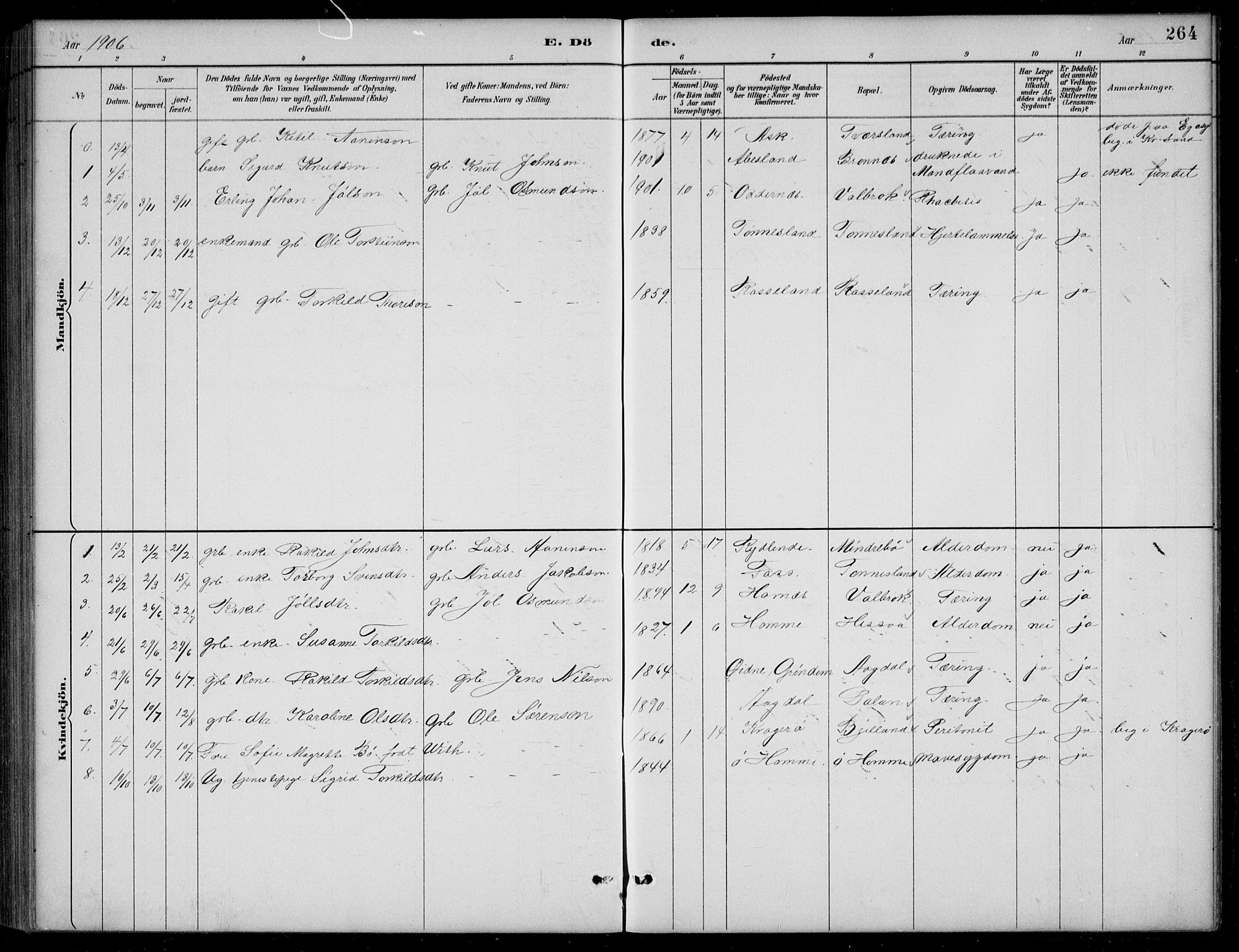 Bjelland sokneprestkontor, SAK/1111-0005/F/Fb/Fba/L0005: Parish register (copy) no. B 5, 1887-1923, p. 264