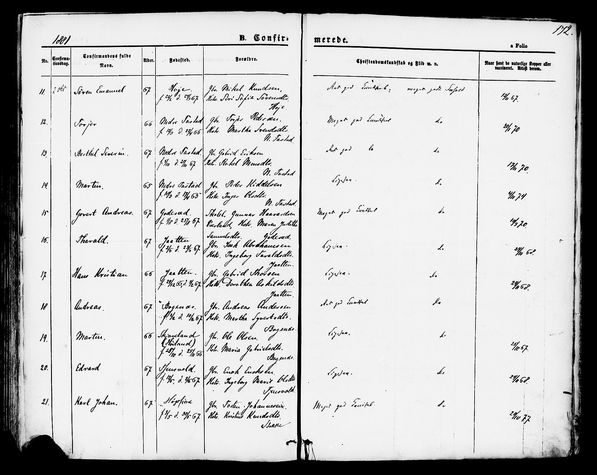 Hetland sokneprestkontor, AV/SAST-A-101826/30/30BA/L0004: Parish register (official) no. A 4, 1862-1881, p. 172