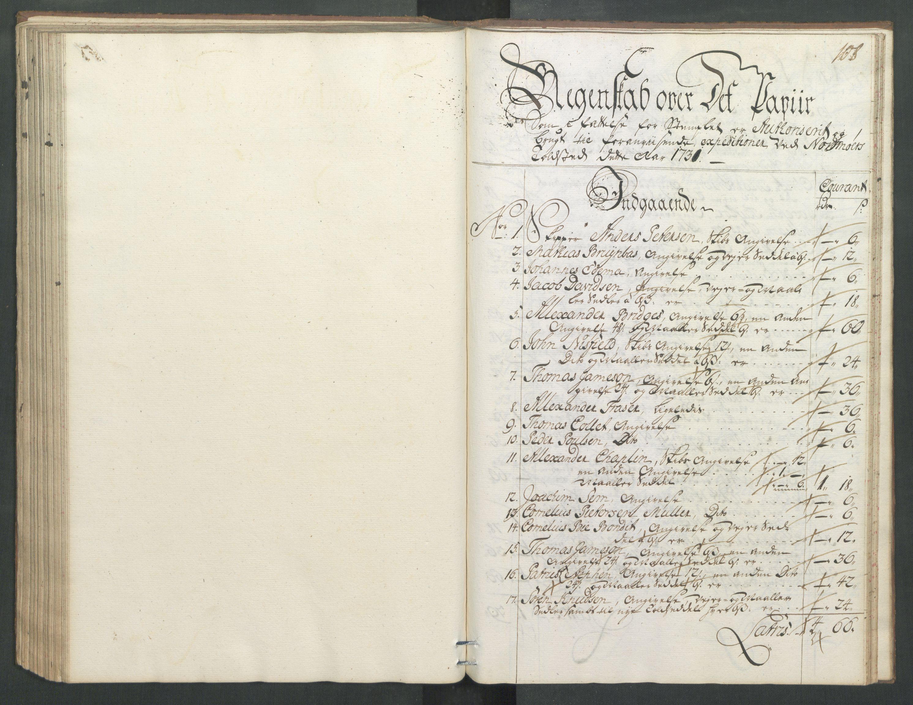 Generaltollkammeret, tollregnskaper, AV/RA-EA-5490/R32/L0004/0001: Tollregnskaper Kristiansund / Hovedtollbok, 1731, p. 107b-108a