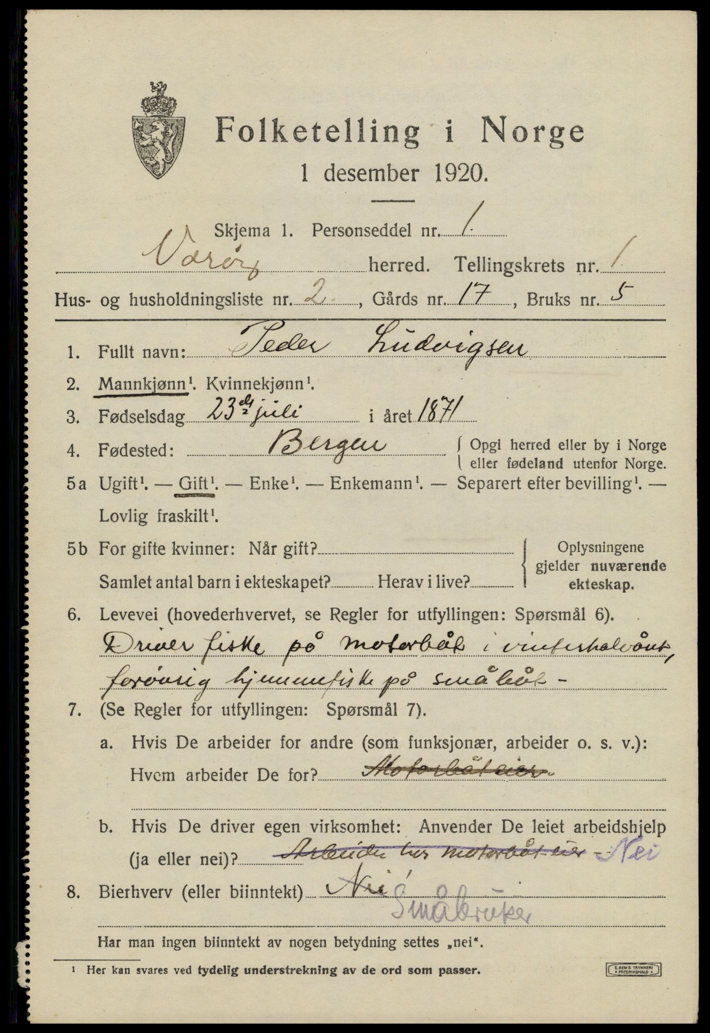 SAT, 1920 census for Værøy, 1920, p. 689