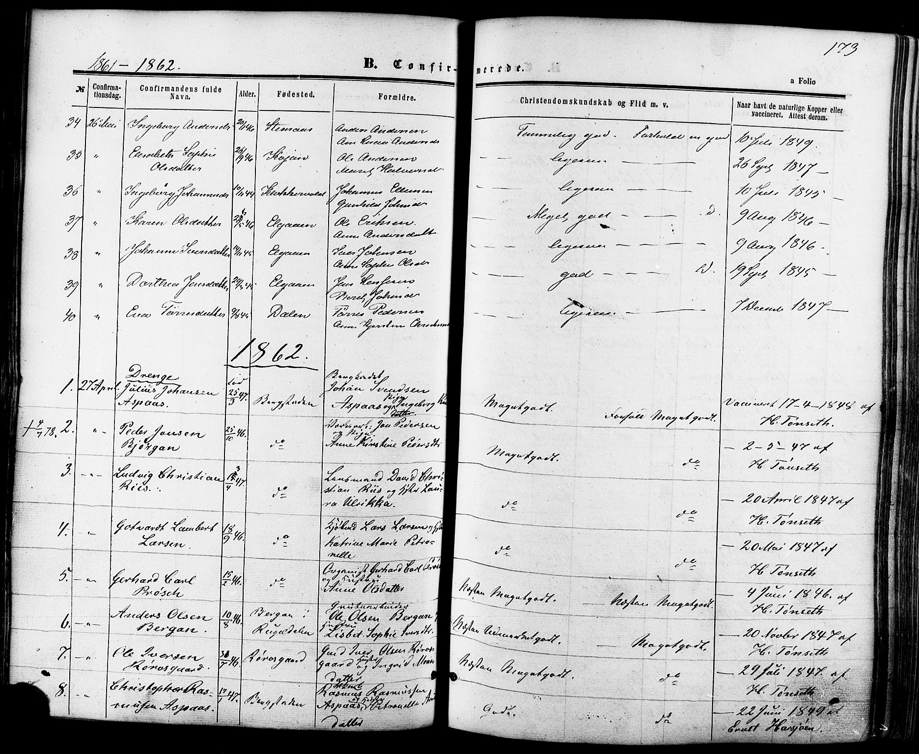 Ministerialprotokoller, klokkerbøker og fødselsregistre - Sør-Trøndelag, SAT/A-1456/681/L0932: Parish register (official) no. 681A10, 1860-1878, p. 173