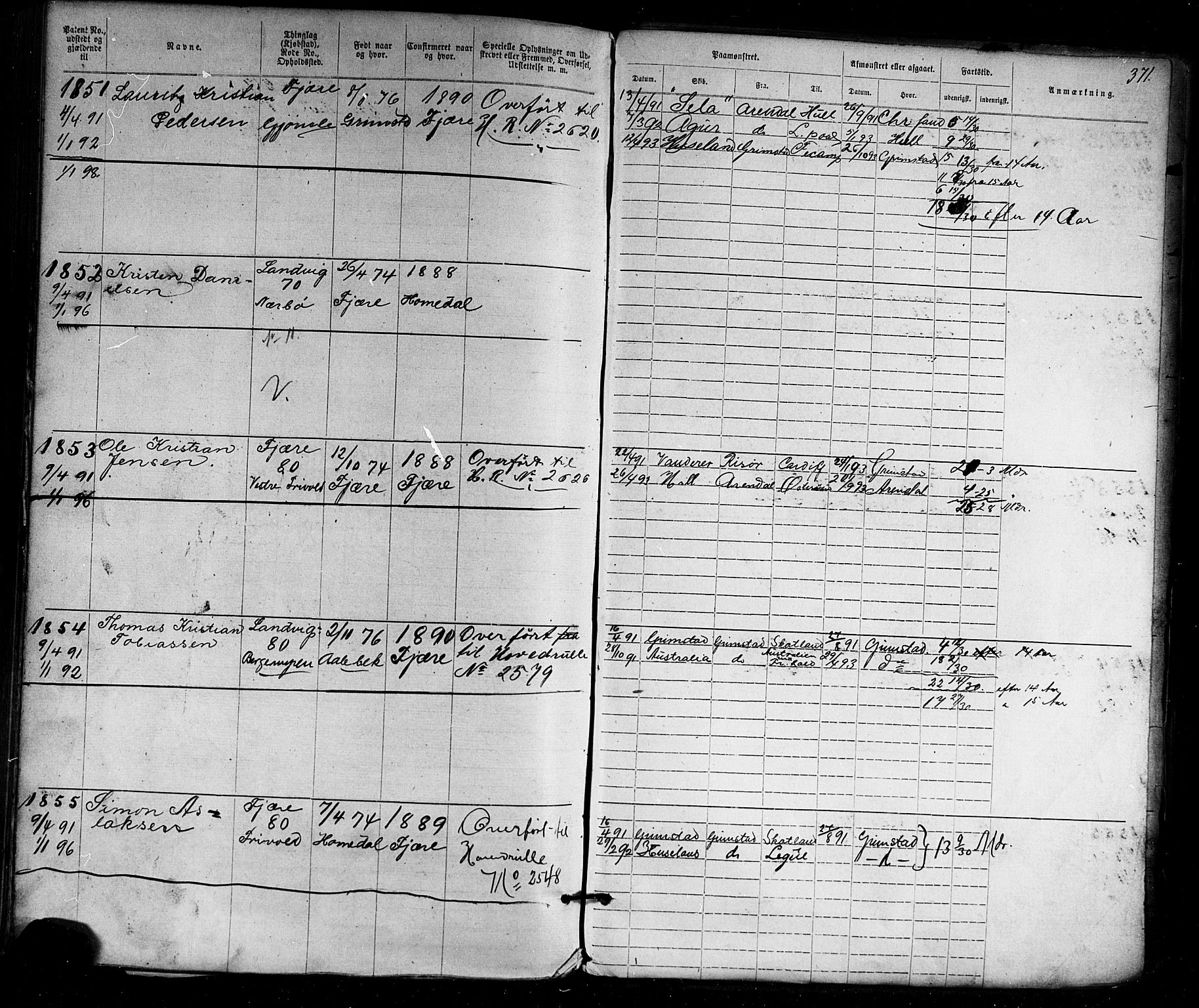 Grimstad mønstringskrets, SAK/2031-0013/F/Fa/L0005: Annotasjonsrulle nr 1-1910 med register, V-18, 1870-1892, p. 411