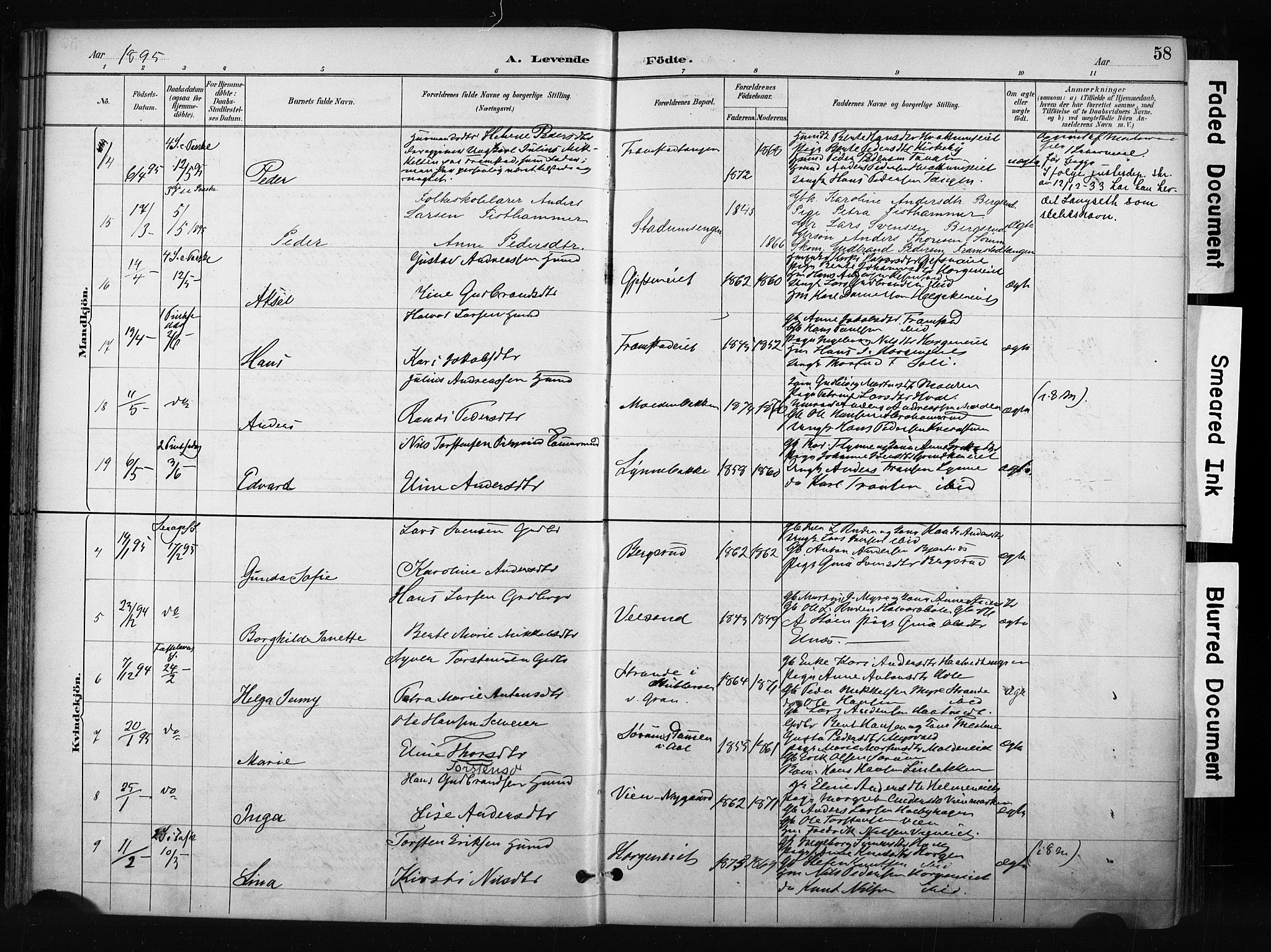 Gran prestekontor, AV/SAH-PREST-112/H/Ha/Haa/L0017: Parish register (official) no. 17, 1889-1897, p. 58