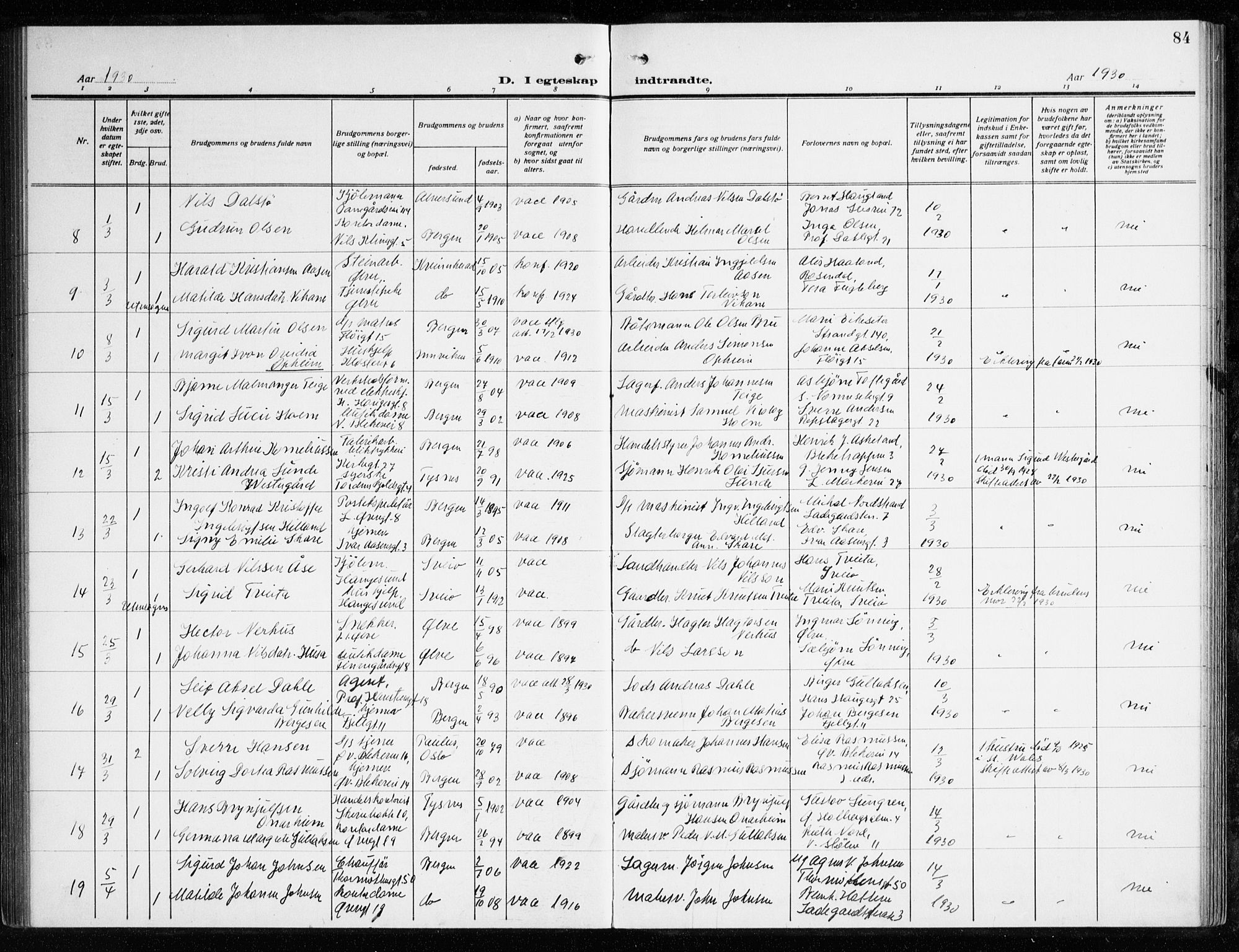 Korskirken sokneprestembete, AV/SAB-A-76101/H/Haa/L0039: Parish register (official) no. D 6, 1919-1938, p. 84