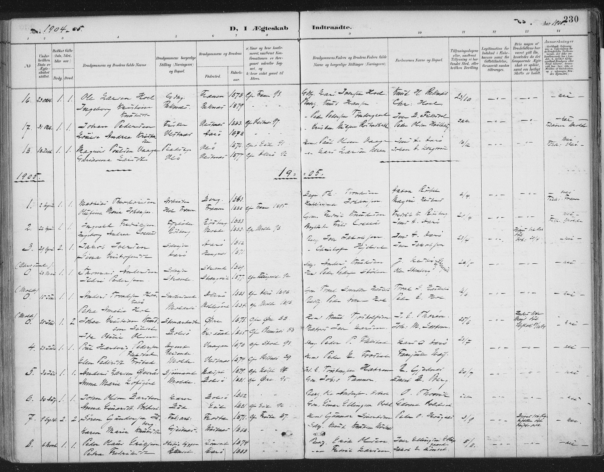 Ministerialprotokoller, klokkerbøker og fødselsregistre - Møre og Romsdal, AV/SAT-A-1454/555/L0658: Parish register (official) no. 555A09, 1887-1917, p. 230