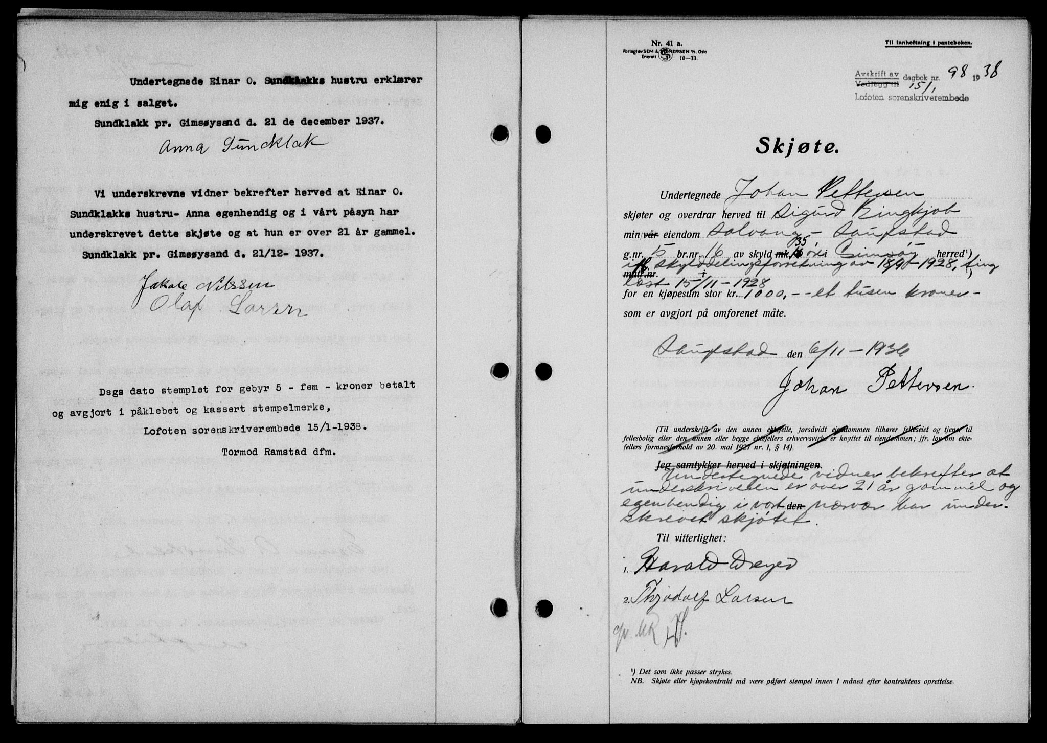 Lofoten sorenskriveri, SAT/A-0017/1/2/2C/L0003a: Mortgage book no. 3a, 1937-1938, Diary no: : 98/1938