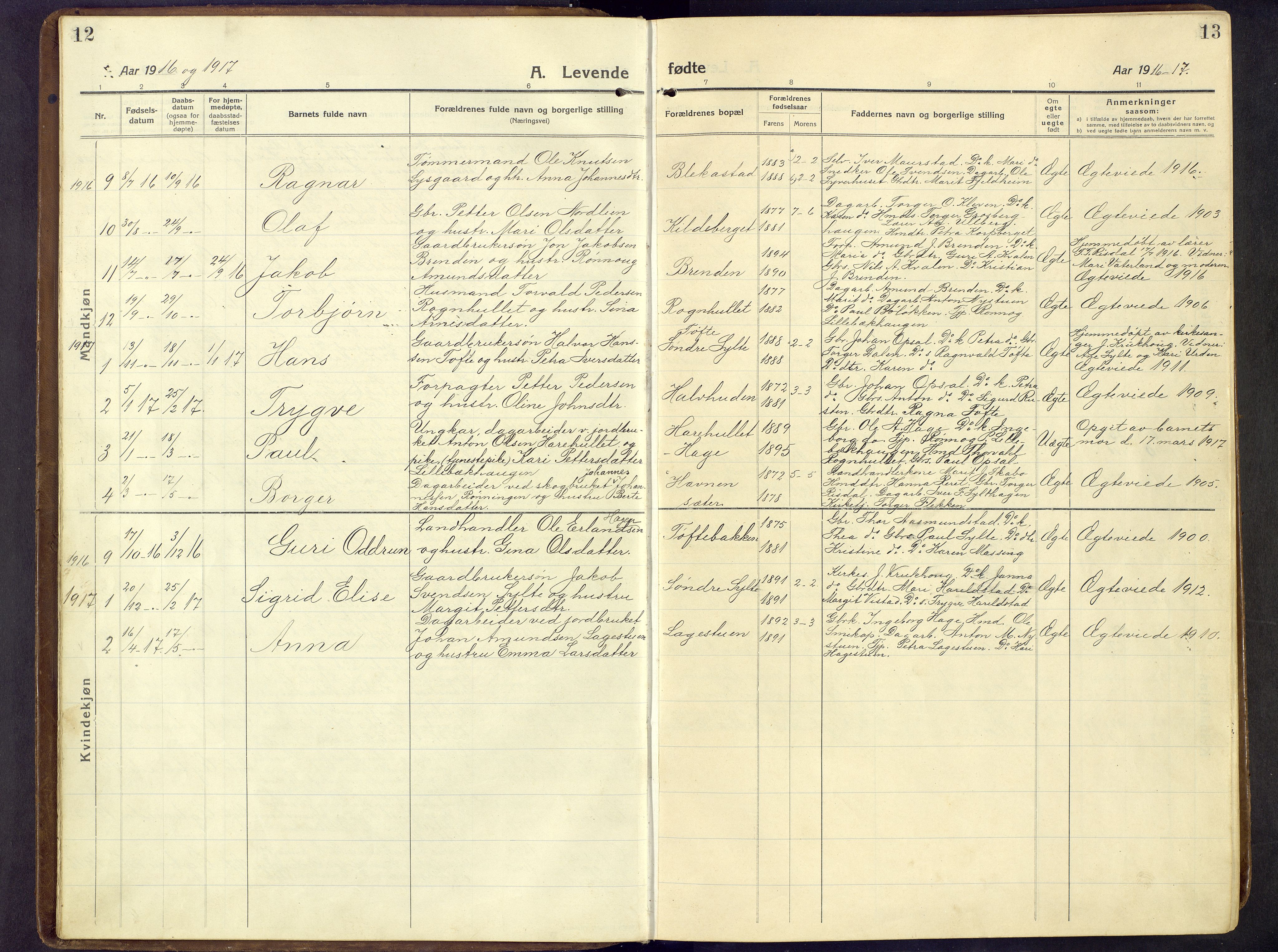 Nord-Fron prestekontor, SAH/PREST-080/H/Ha/Hab/L0009: Parish register (copy) no. 9, 1915-1958, p. 12-13