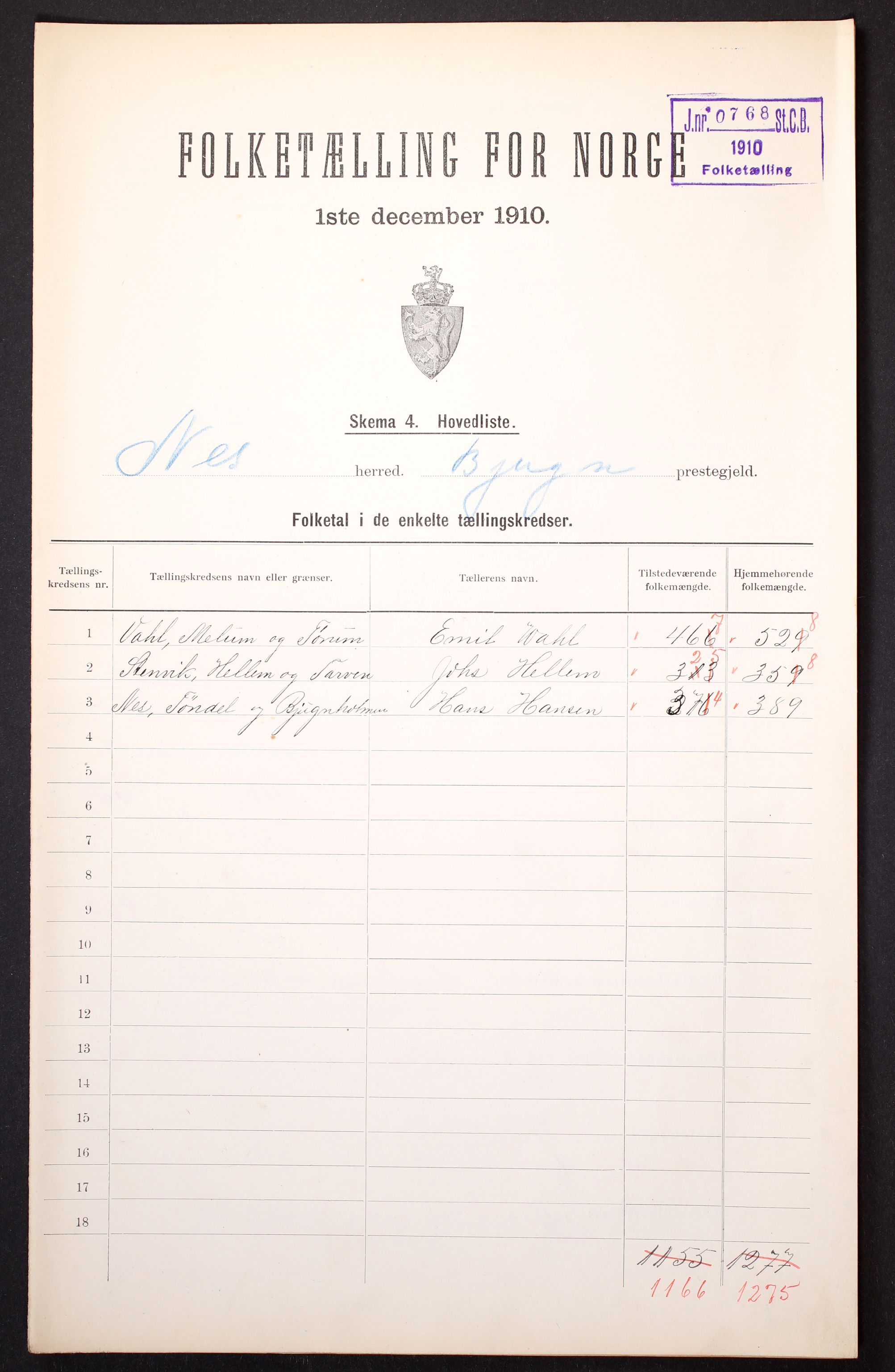 RA, 1910 census for Nes, 1910, p. 2