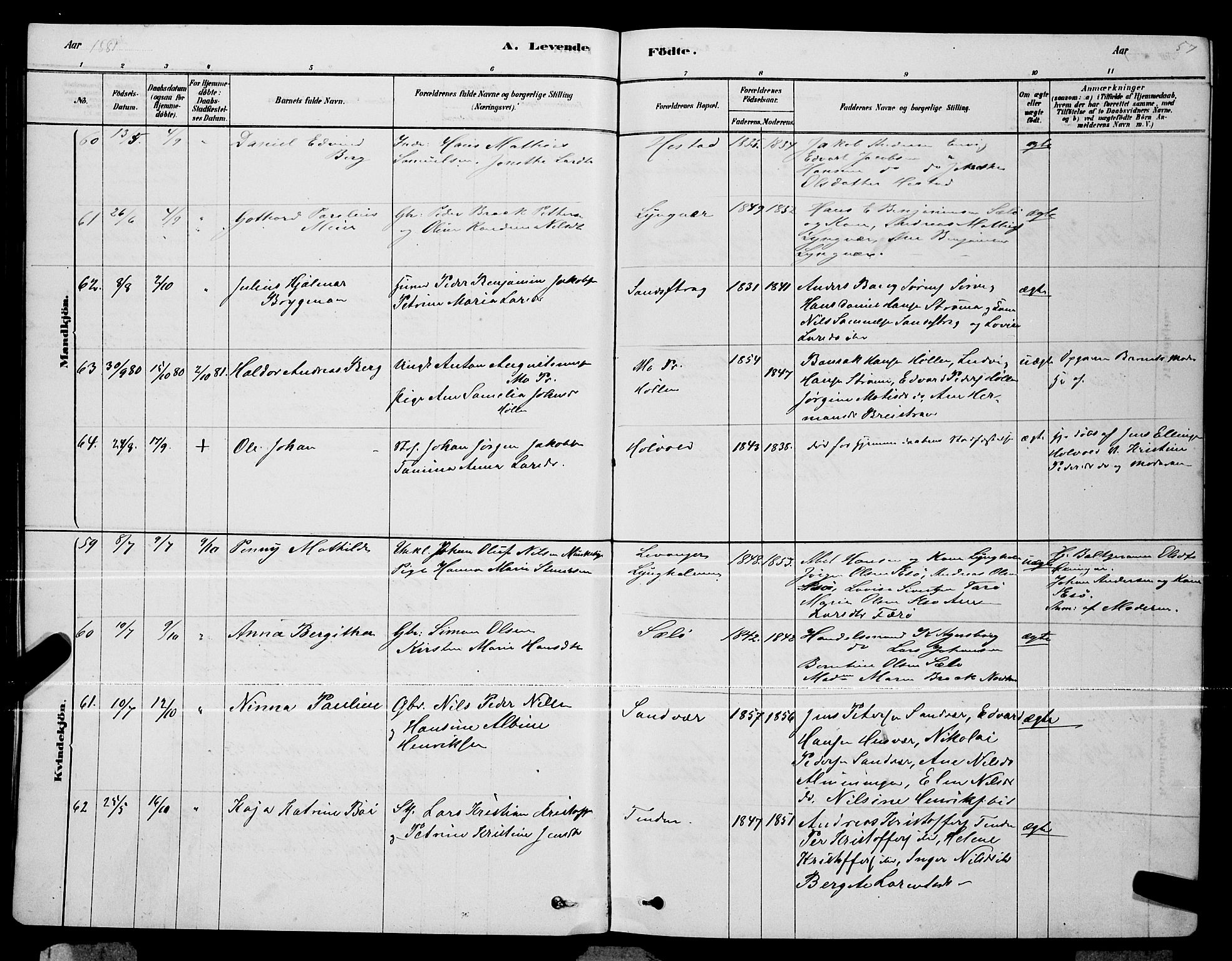 Ministerialprotokoller, klokkerbøker og fødselsregistre - Nordland, AV/SAT-A-1459/834/L0513: Parish register (copy) no. 834C04, 1877-1892, p. 57