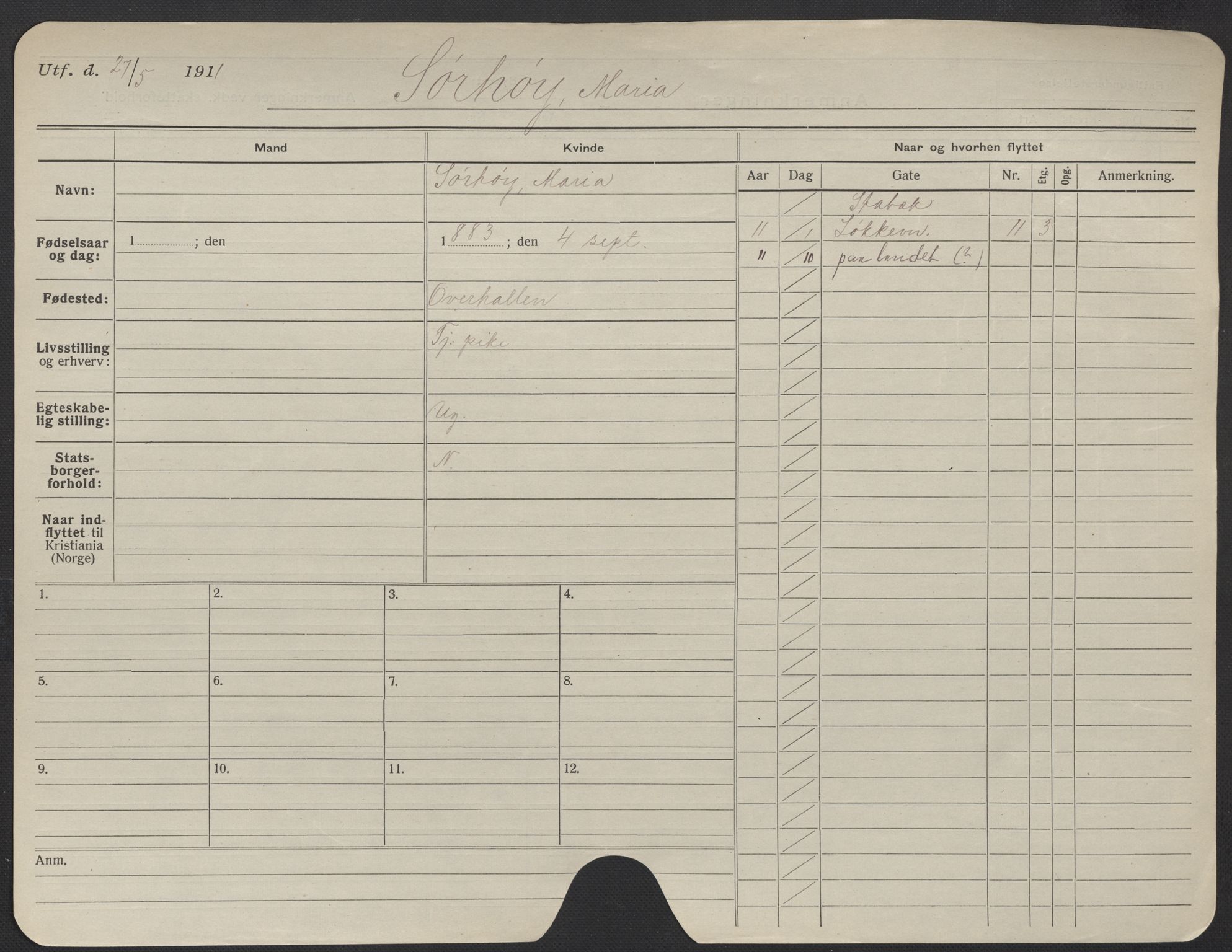 Oslo folkeregister, Registerkort, AV/SAO-A-11715/F/Fa/Fac/L0024: Kvinner, 1906-1914, p. 951a