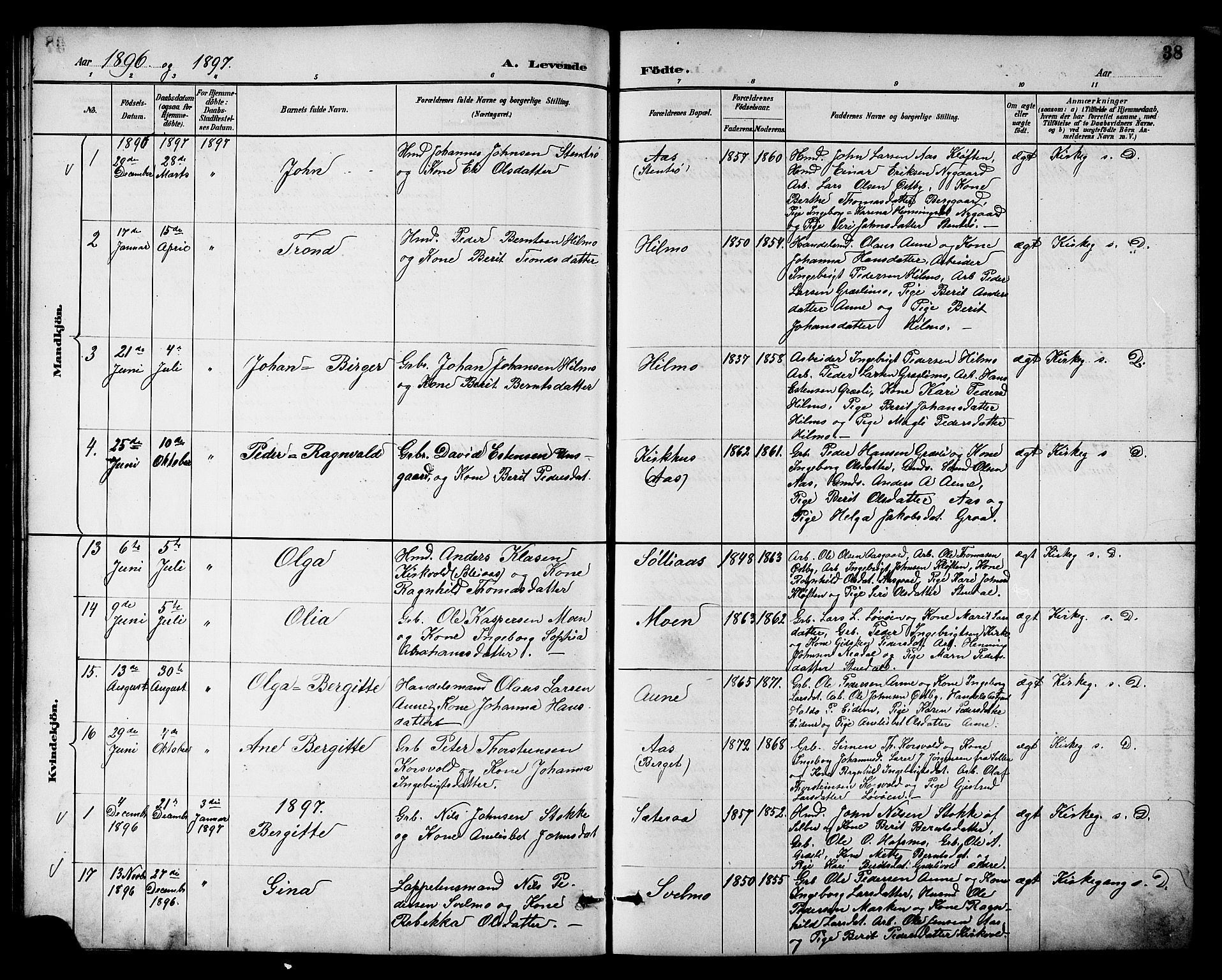 Ministerialprotokoller, klokkerbøker og fødselsregistre - Sør-Trøndelag, AV/SAT-A-1456/698/L1167: Parish register (copy) no. 698C04, 1888-1907, p. 38