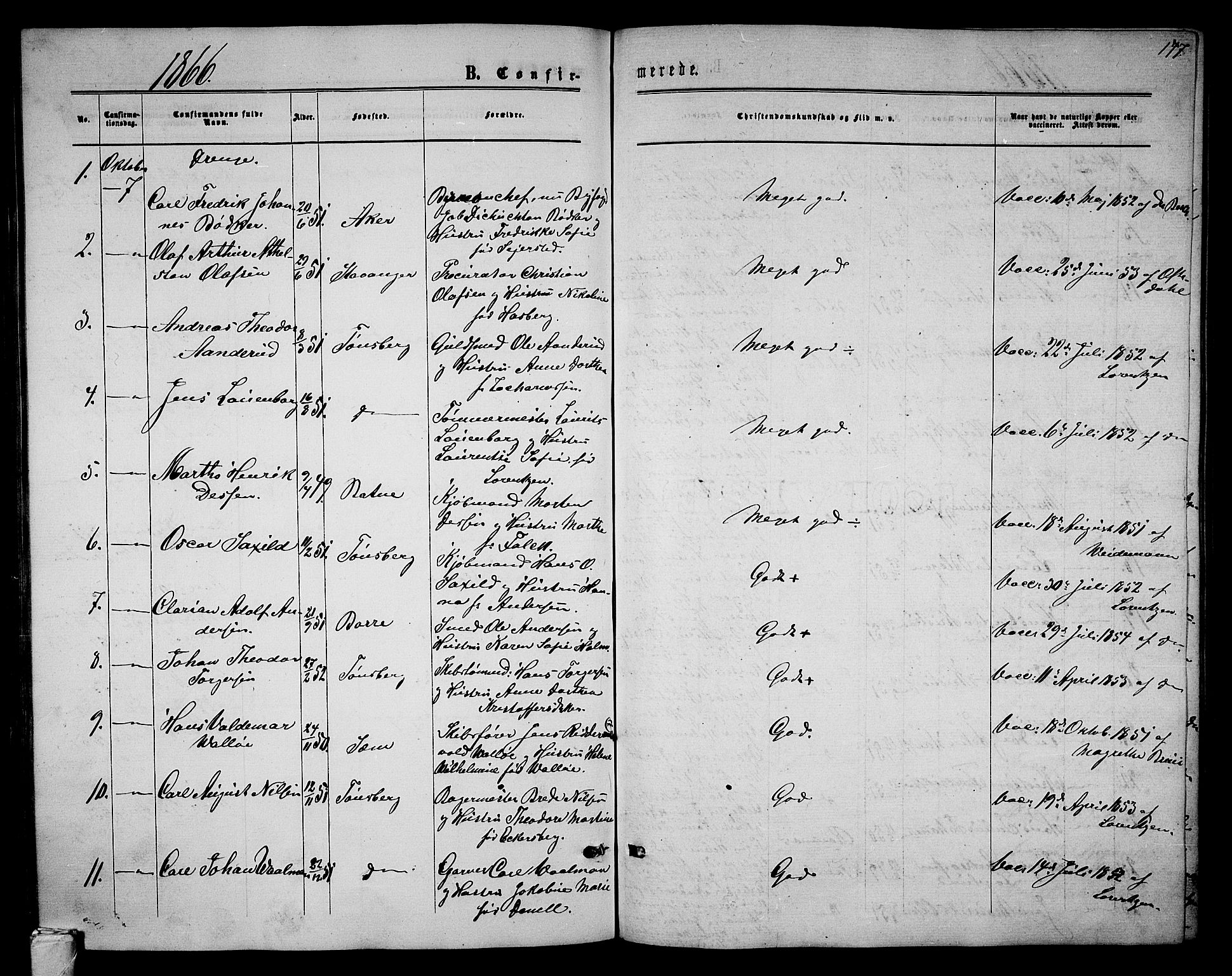 Tønsberg kirkebøker, AV/SAKO-A-330/G/Ga/L0004: Parish register (copy) no. 4, 1865-1874, p. 147