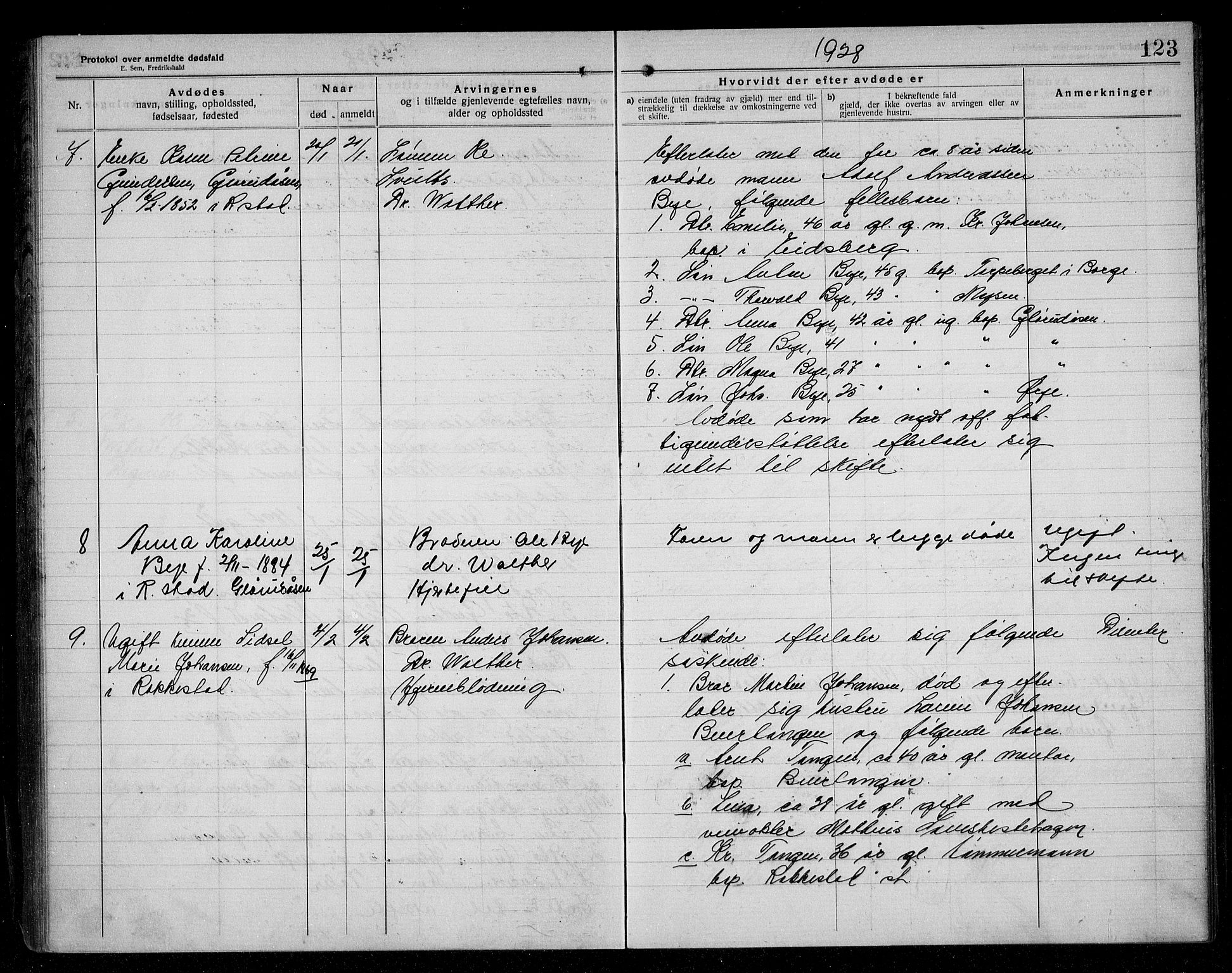 Rakkestad lensmannskontor, AV/SAO-A-10004/H/Ha/Haa/L0004: Dødsanmeldelsesprotokoll, 1920-1931, p. 123