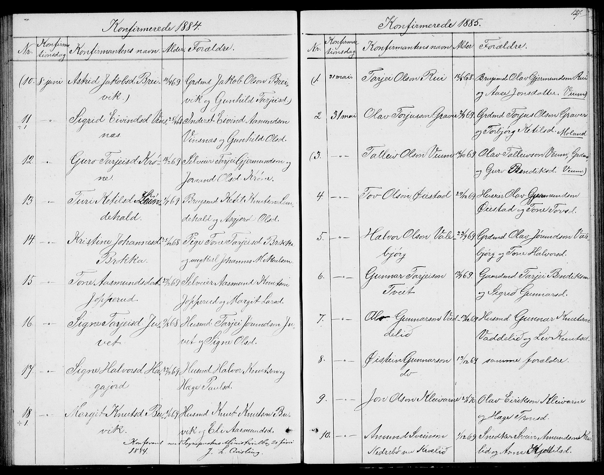Fyresdal kirkebøker, SAKO/A-263/G/Ga/L0004: Parish register (copy) no. I 4, 1864-1892, p. 127