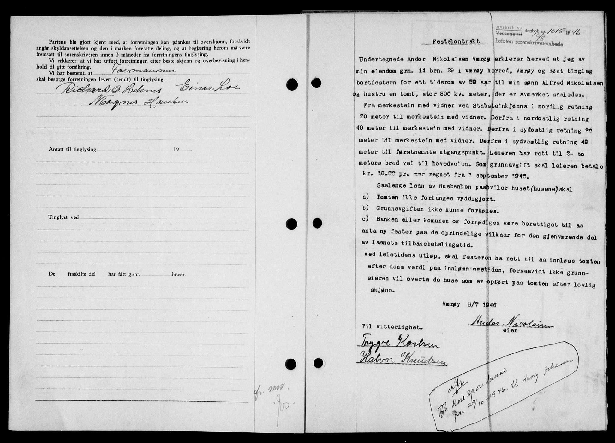 Lofoten sorenskriveri, SAT/A-0017/1/2/2C/L0014a: Mortgage book no. 14a, 1946-1946, Diary no: : 1015/1946