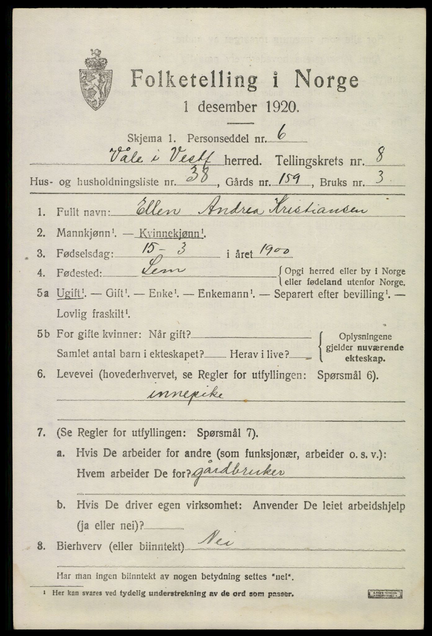 SAKO, 1920 census for Våle, 1920, p. 6578