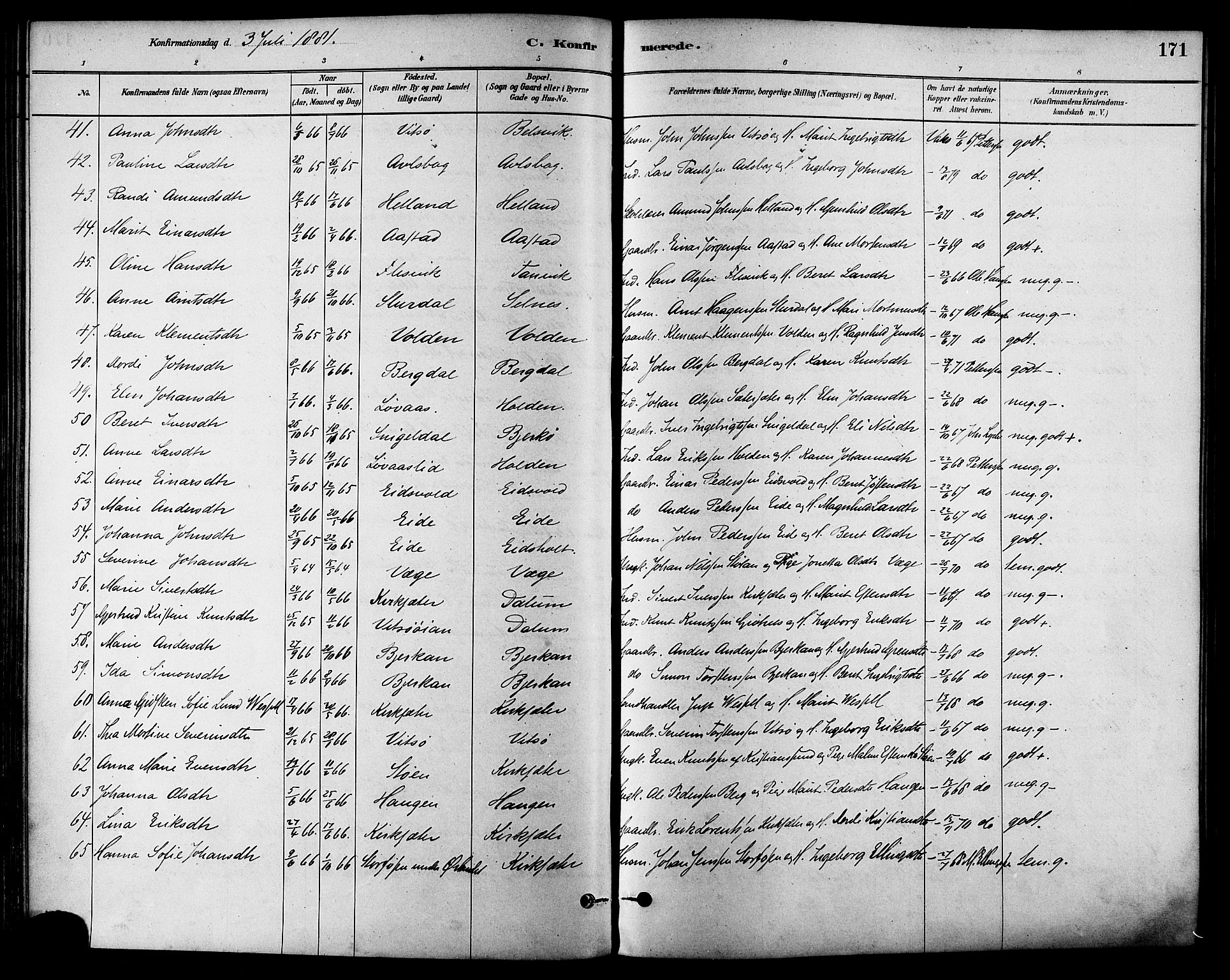 Ministerialprotokoller, klokkerbøker og fødselsregistre - Sør-Trøndelag, SAT/A-1456/630/L0496: Parish register (official) no. 630A09, 1879-1895, p. 171
