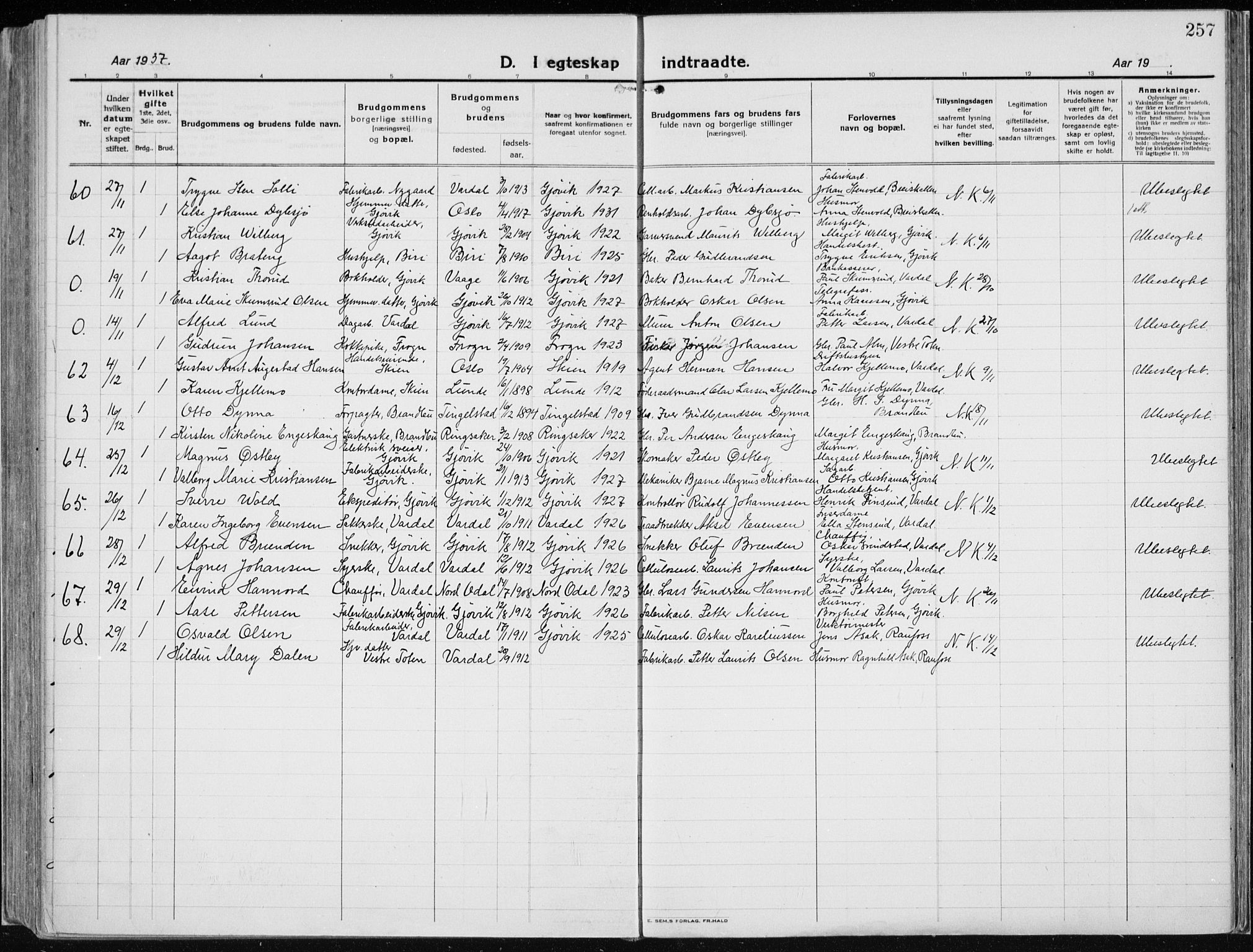 Vardal prestekontor, AV/SAH-PREST-100/H/Ha/Haa/L0015: Parish register (official) no. 15, 1923-1937, p. 257