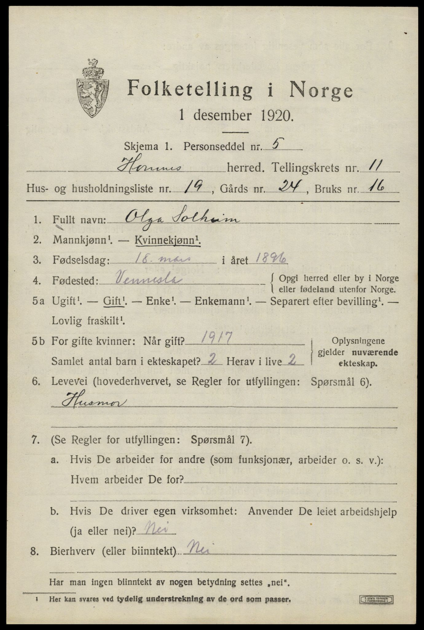 SAK, 1920 census for Hornnes, 1920, p. 2871