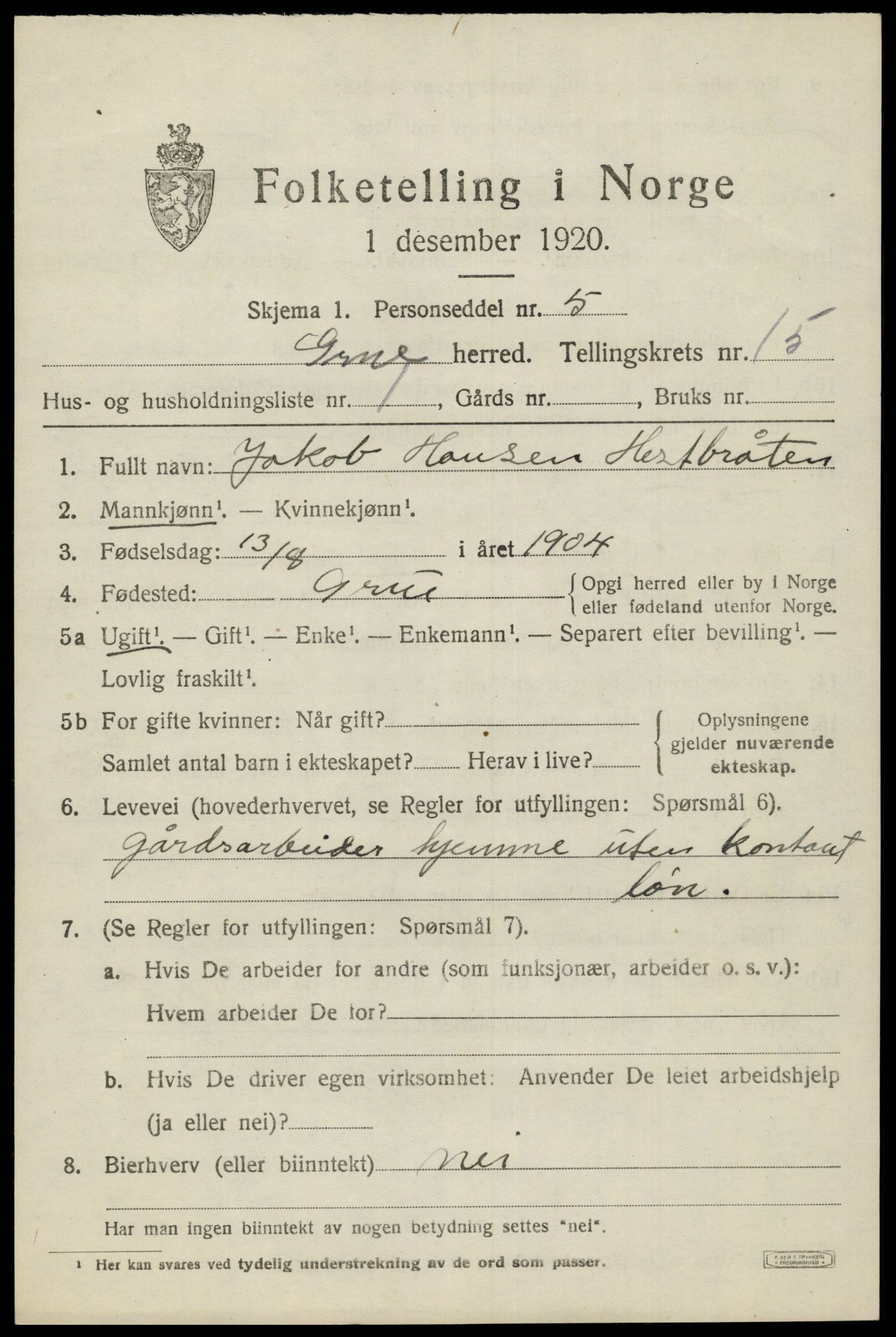 SAH, 1920 census for Grue, 1920, p. 13283