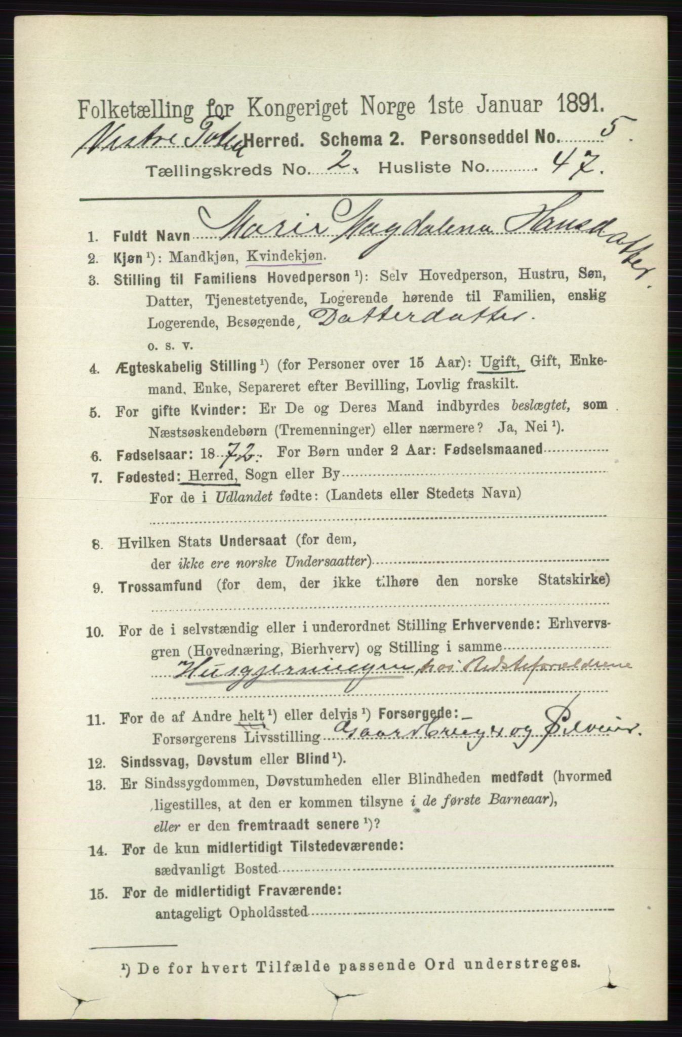 RA, 1891 census for 0529 Vestre Toten, 1891, p. 1704