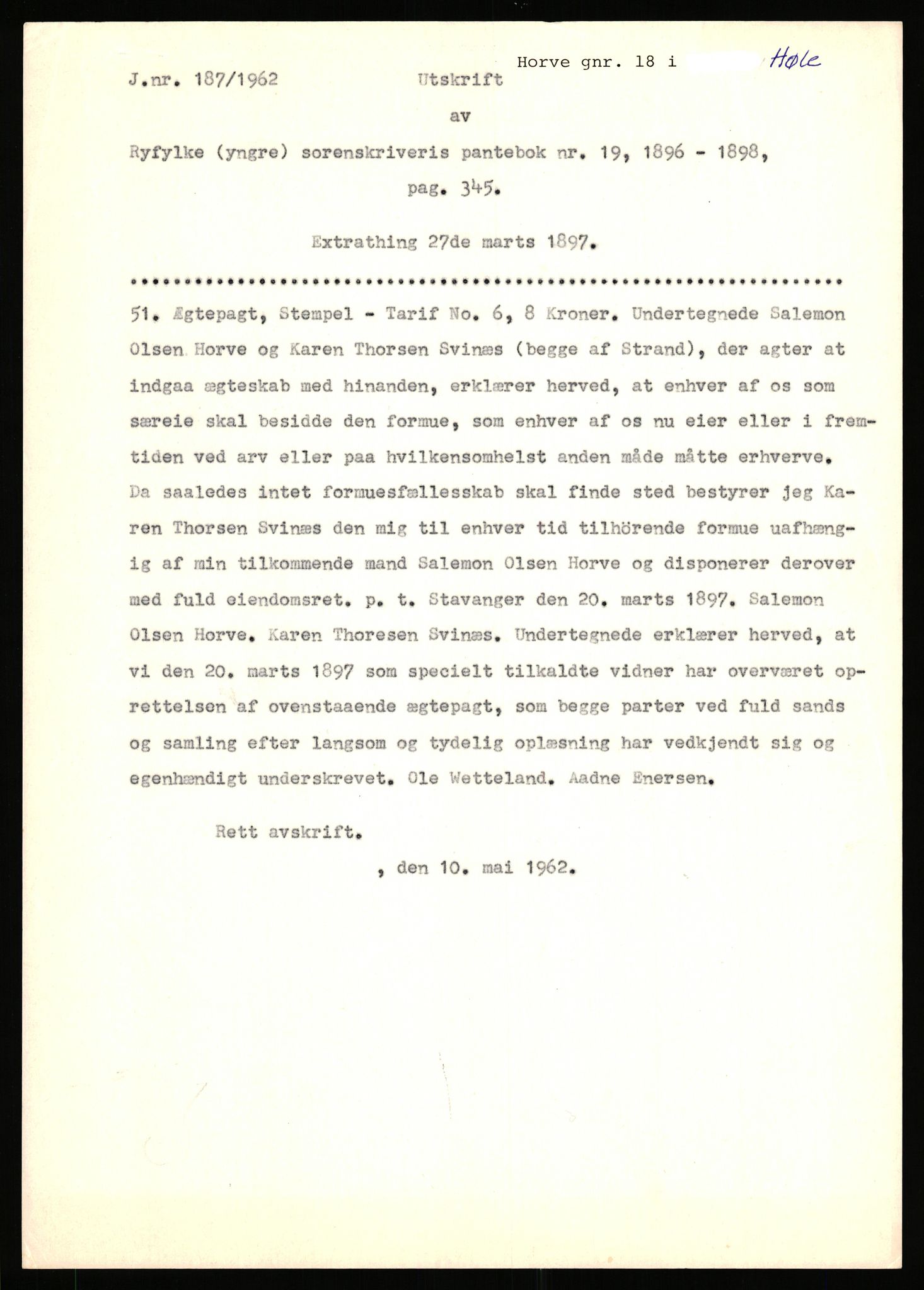 Statsarkivet i Stavanger, AV/SAST-A-101971/03/Y/Yj/L0039: Avskrifter sortert etter gårdsnavn: Holte i Strand - Hovland i Ørsdalen, 1750-1930, p. 463