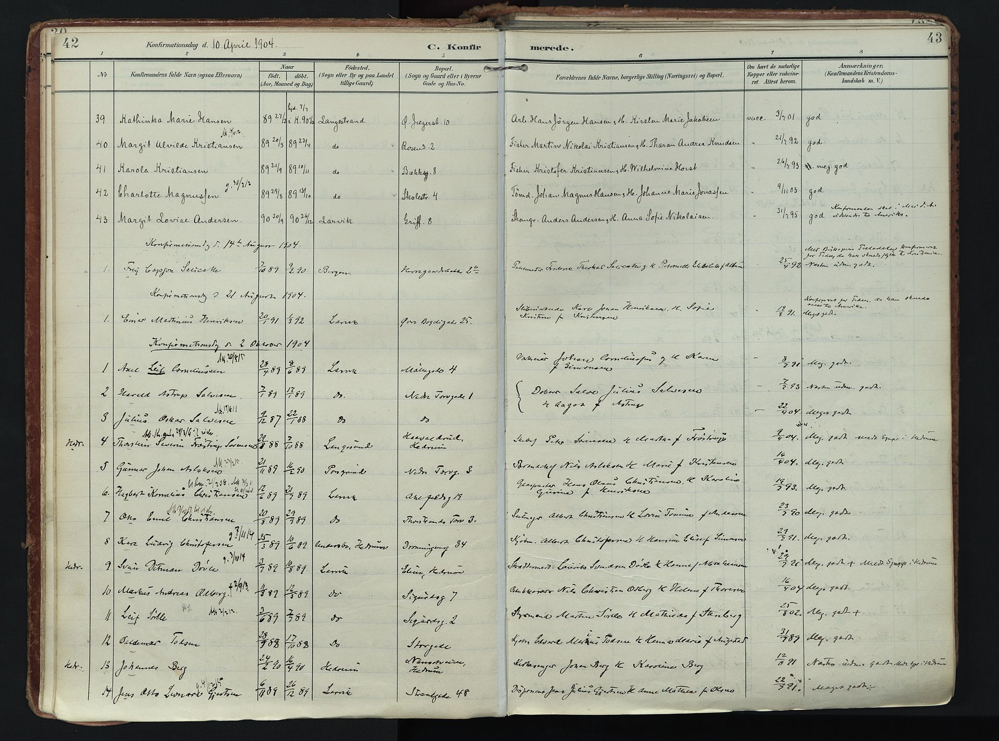 Larvik kirkebøker, SAKO/A-352/F/Fa/L0011: Parish register (official) no. I 11, 1902-1922, p. 42-43