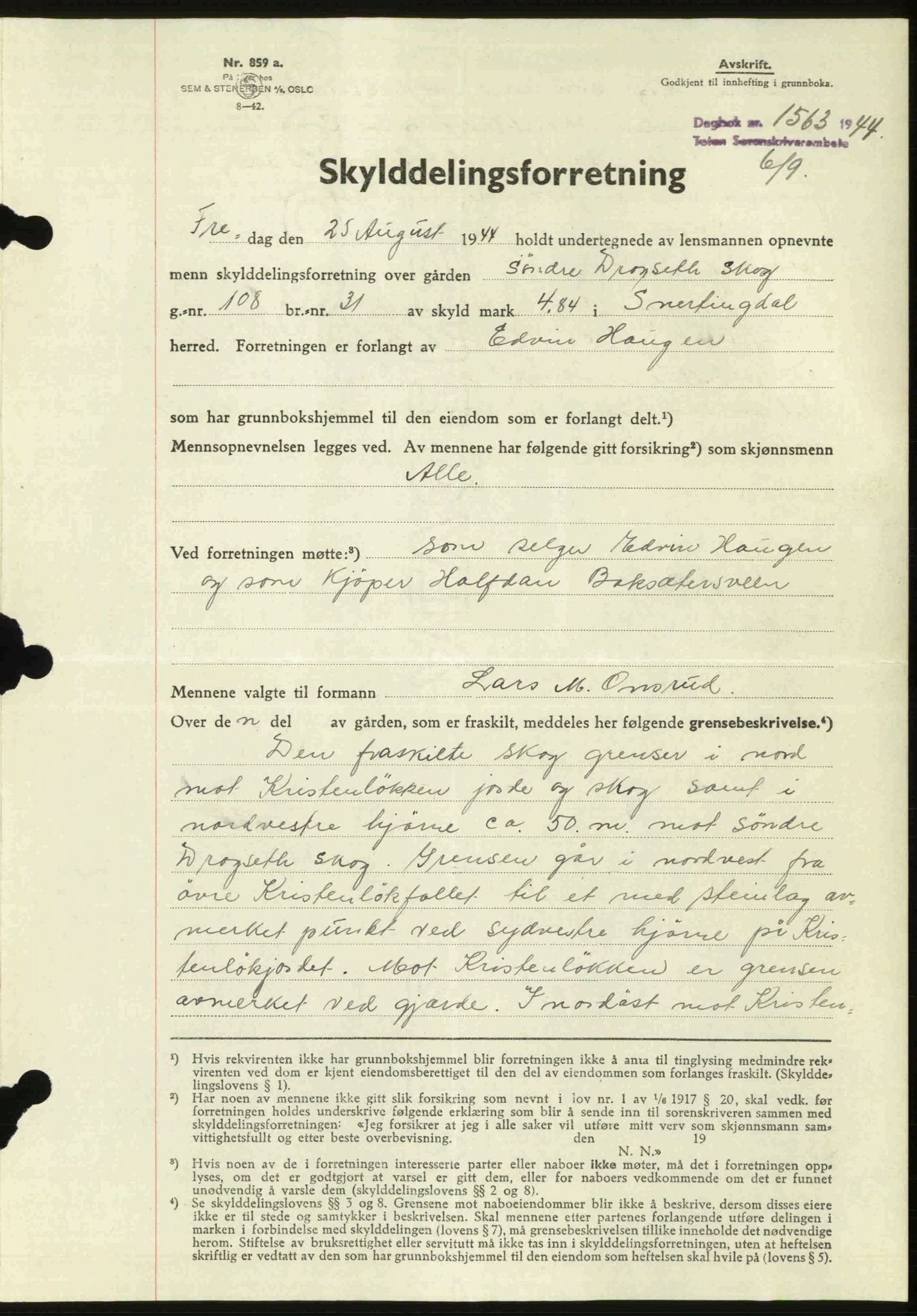 Toten tingrett, AV/SAH-TING-006/H/Hb/Hbc/L0012: Mortgage book no. Hbc-12, 1944-1944, Diary no: : 1563/1944