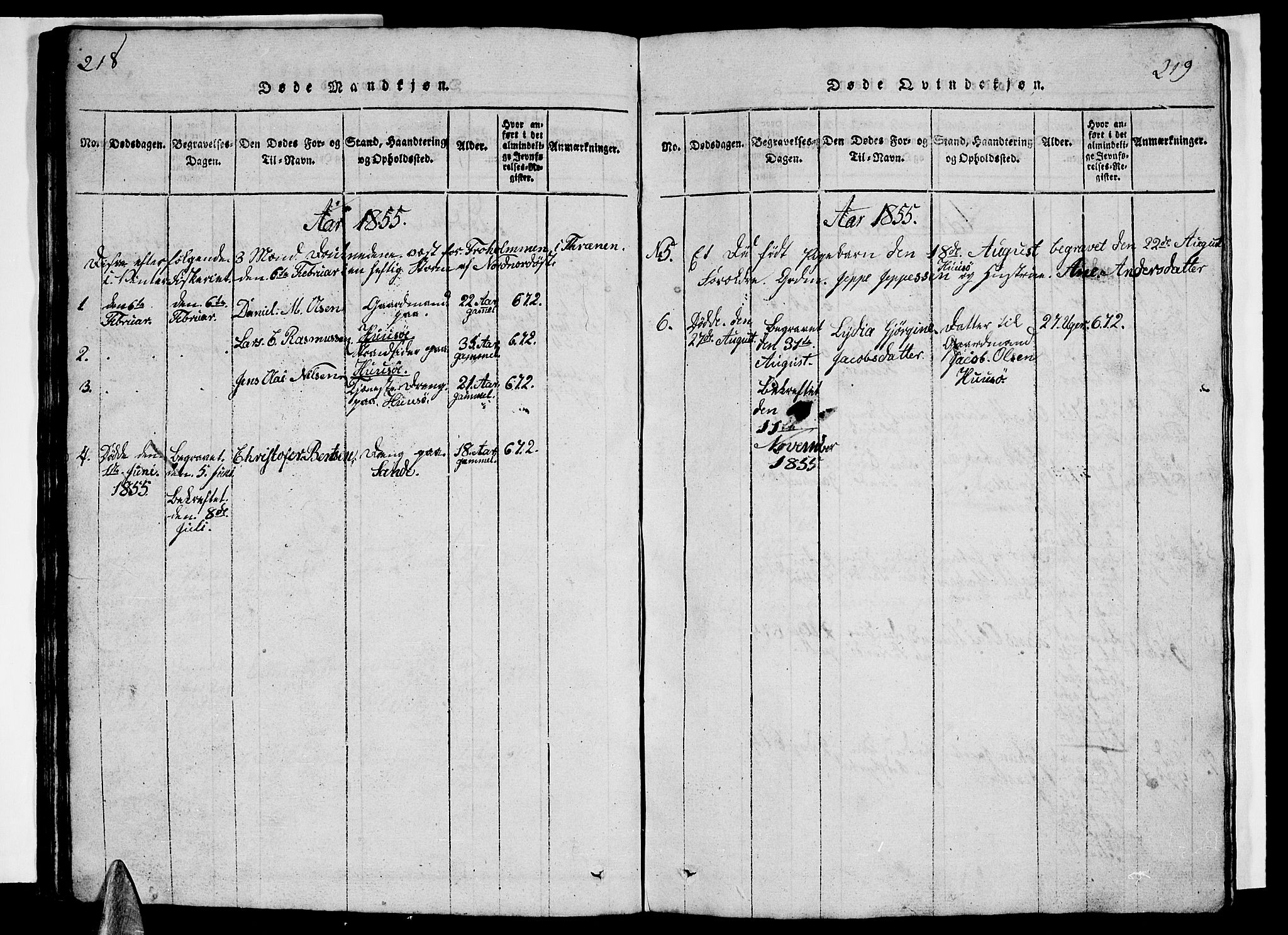 Ministerialprotokoller, klokkerbøker og fødselsregistre - Nordland, SAT/A-1459/840/L0581: Parish register (copy) no. 840C01, 1820-1873, p. 218-219