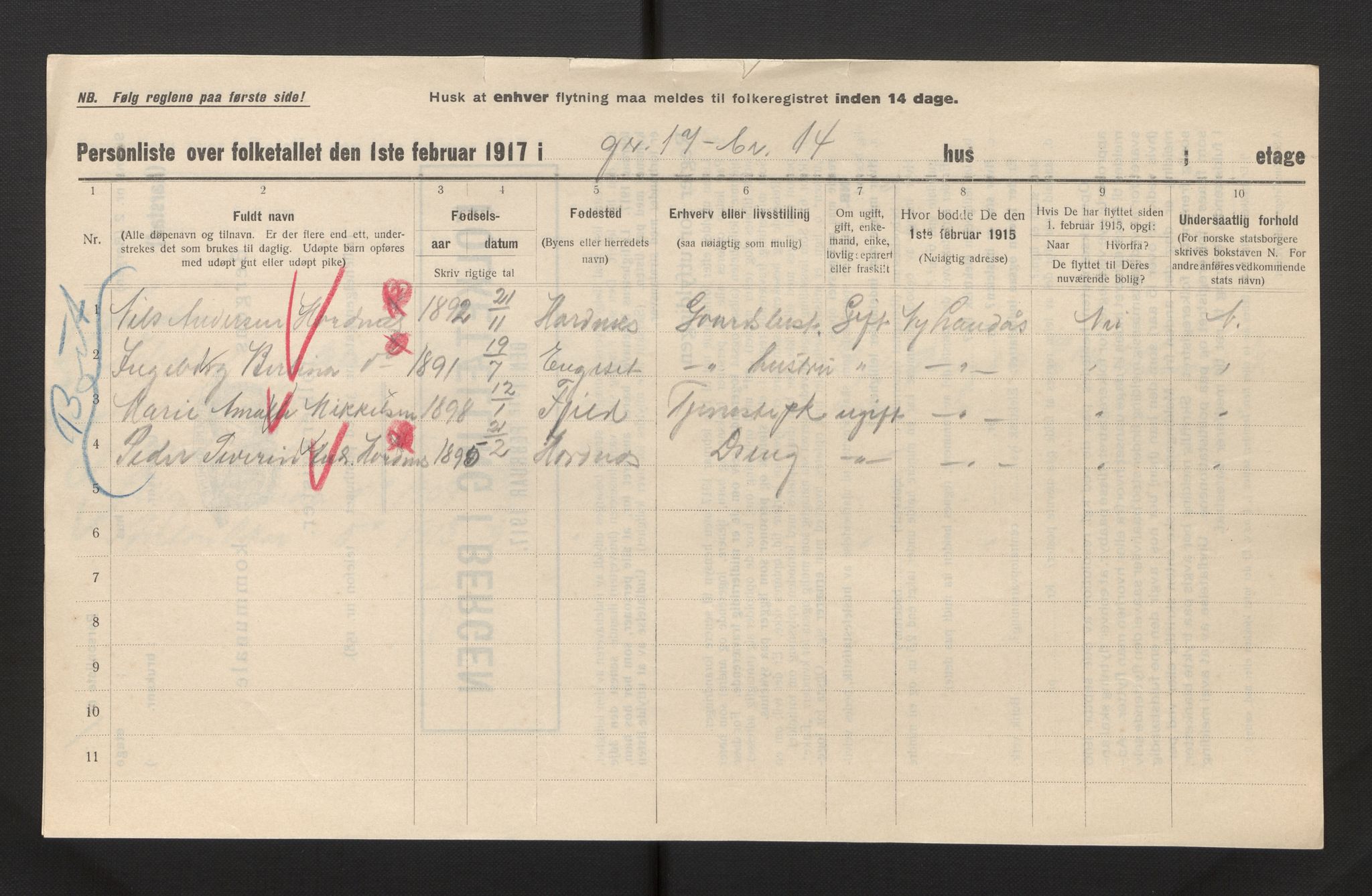 SAB, Municipal Census 1917 for Bergen, 1917, p. 53340