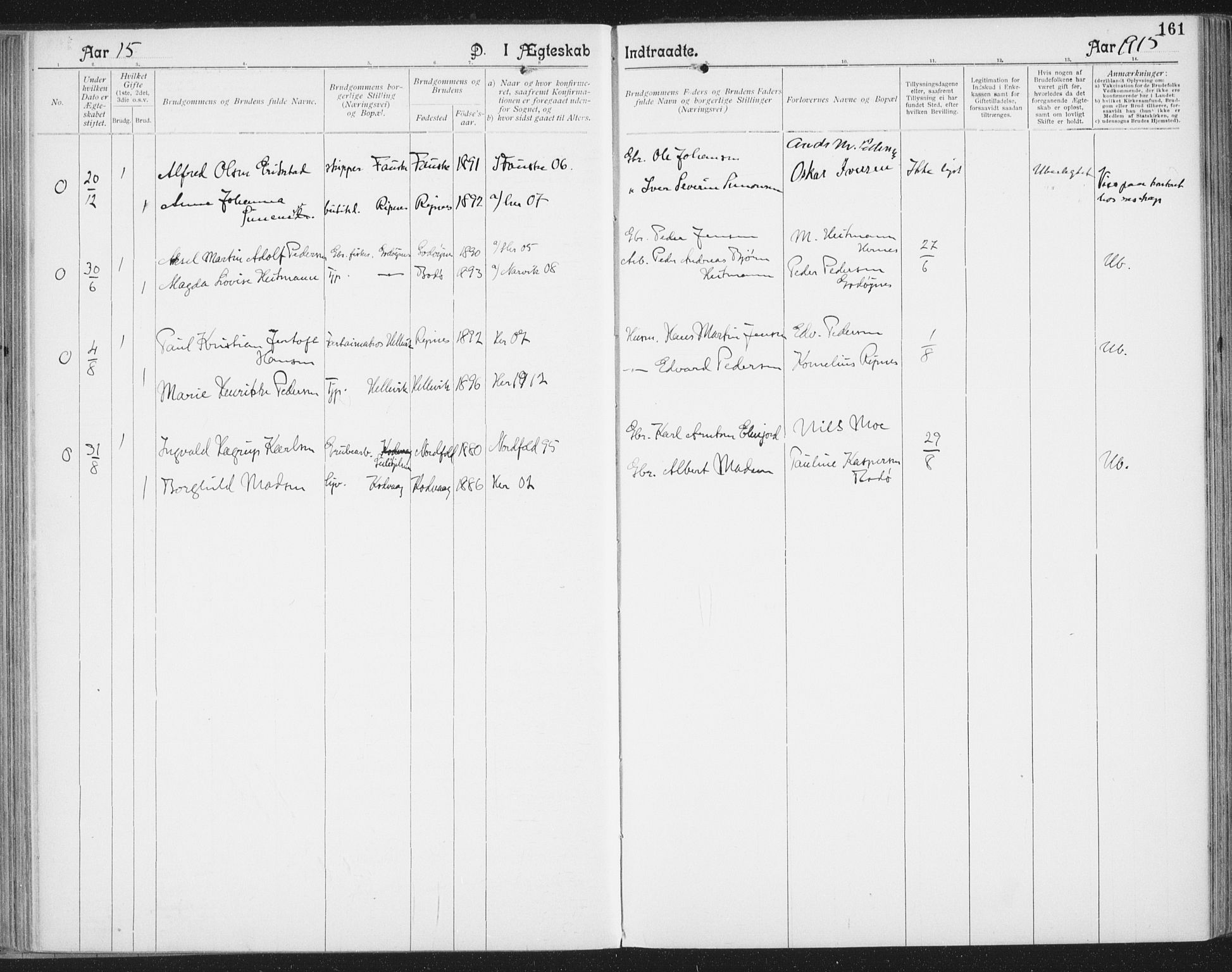 Ministerialprotokoller, klokkerbøker og fødselsregistre - Nordland, SAT/A-1459/804/L0081: Parish register (official) no. 804A02, 1901-1915, p. 161