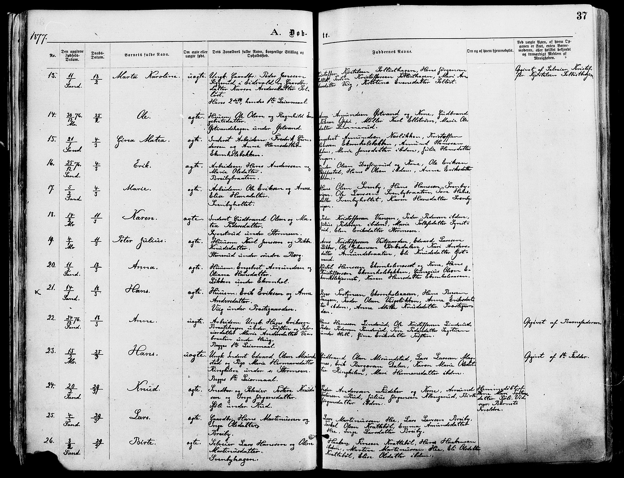 Nord-Odal prestekontor, AV/SAH-PREST-032/H/Ha/Haa/L0005: Parish register (official) no. 5, 1874-1885, p. 37