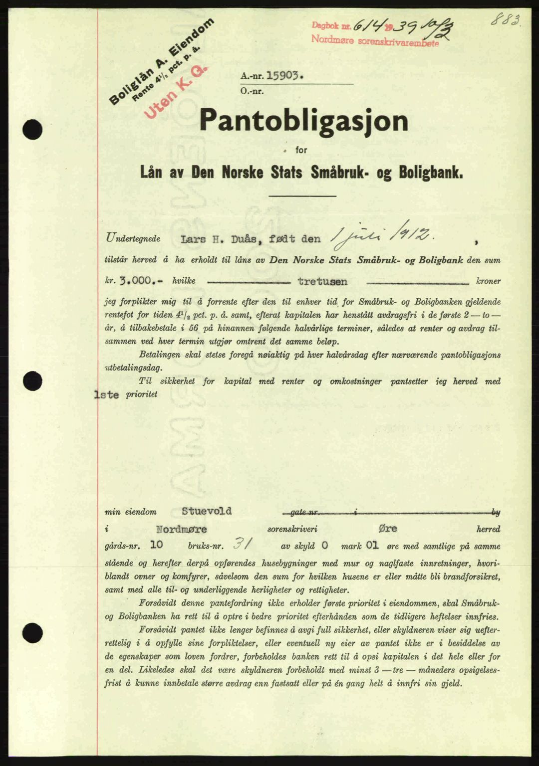 Nordmøre sorenskriveri, SAT/A-4132/1/2/2Ca: Mortgage book no. B84, 1938-1939, Diary no: : 614/1939