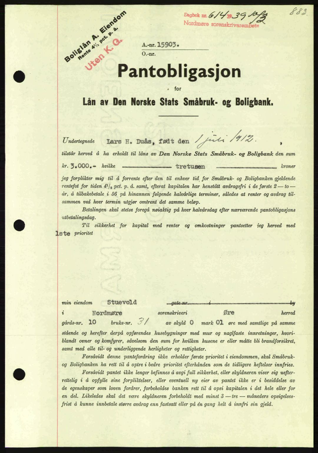 Nordmøre sorenskriveri, AV/SAT-A-4132/1/2/2Ca: Mortgage book no. B84, 1938-1939, Diary no: : 614/1939