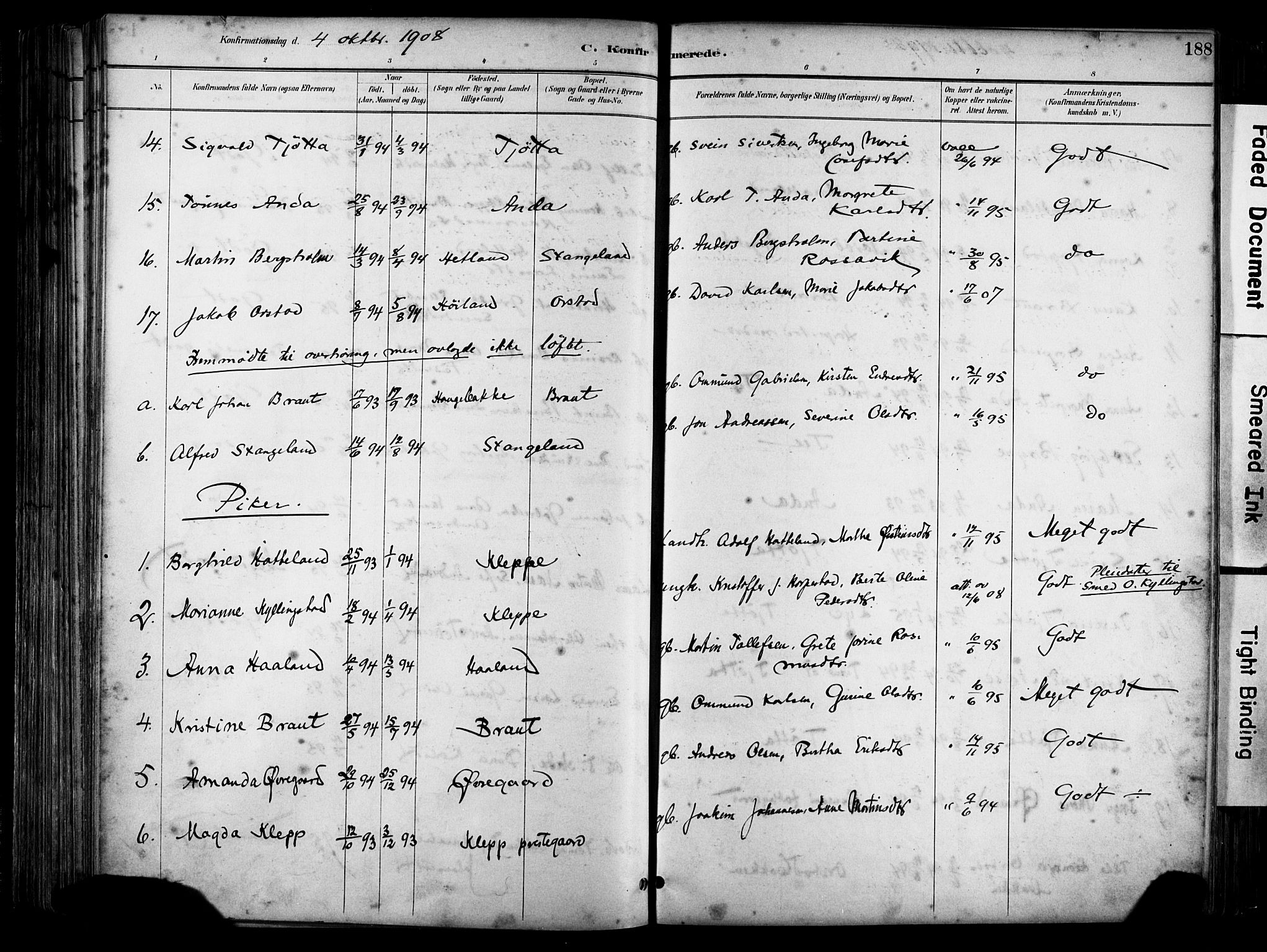 Klepp sokneprestkontor, SAST/A-101803/001/3/30BA/L0009: Parish register (official) no. A 7, 1886-1915, p. 188