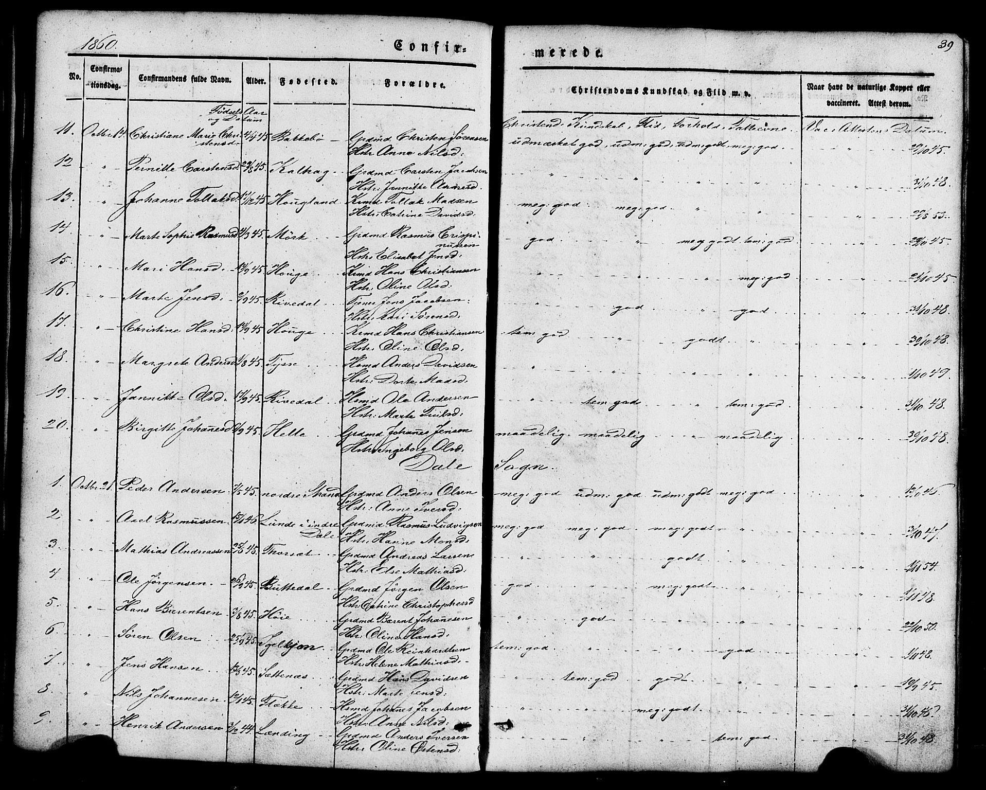 Fjaler sokneprestembete, SAB/A-79801/H/Haa/Haaa/L0008: Parish register (official) no. A 8, 1850-1886, p. 39