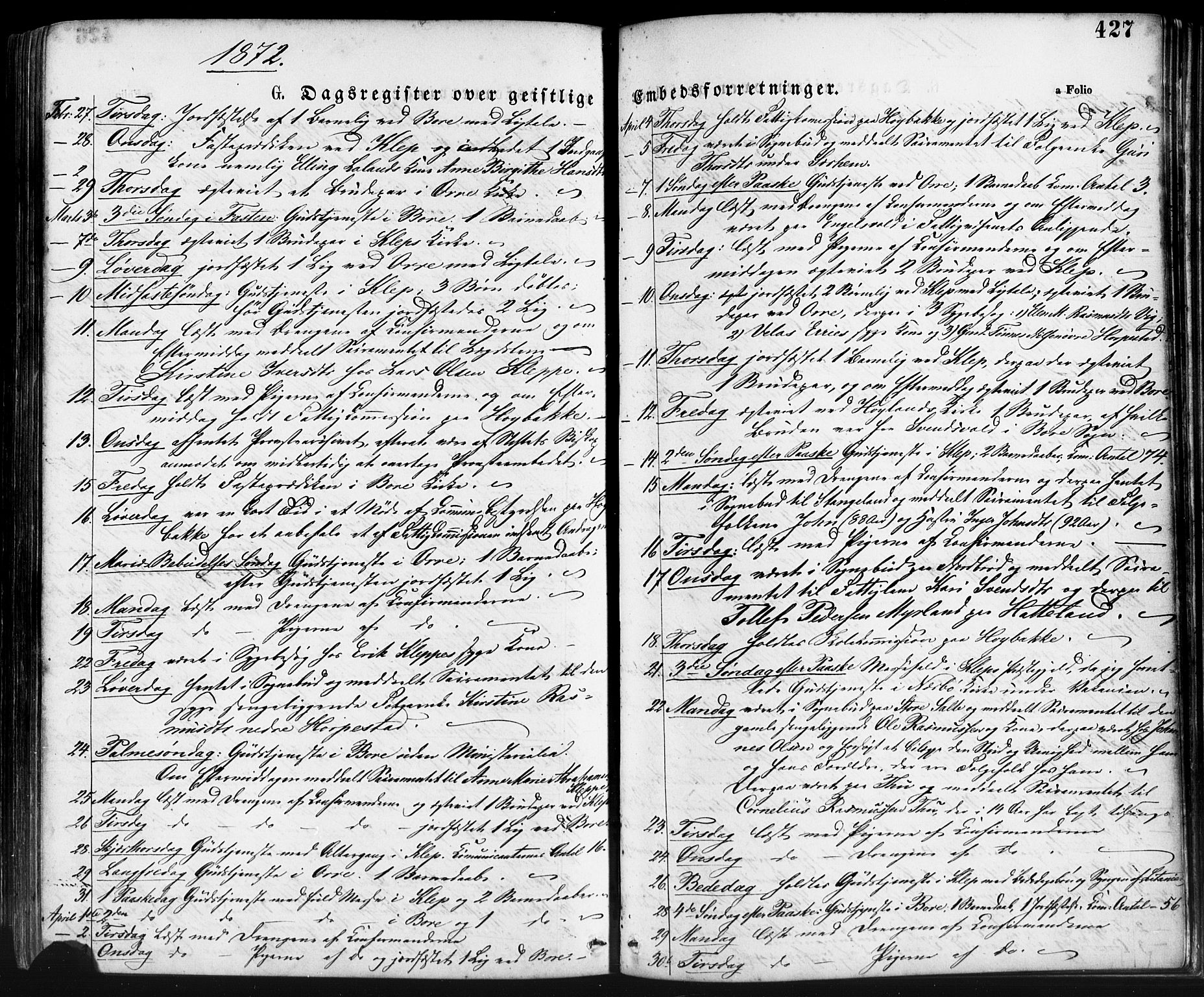Klepp sokneprestkontor, SAST/A-101803/001/3/30BA/L0006: Parish register (official) no. A 6, 1871-1885, p. 427
