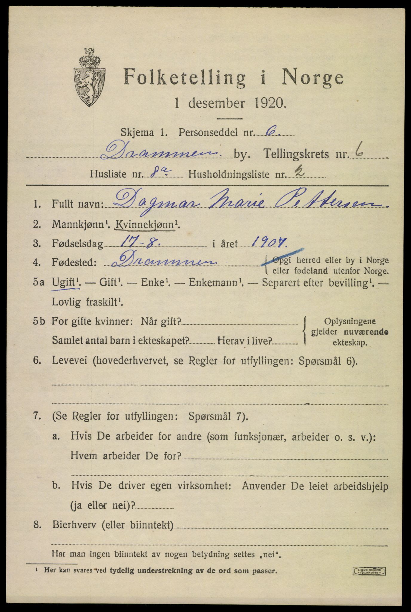 SAKO, 1920 census for Drammen, 1920, p. 40843