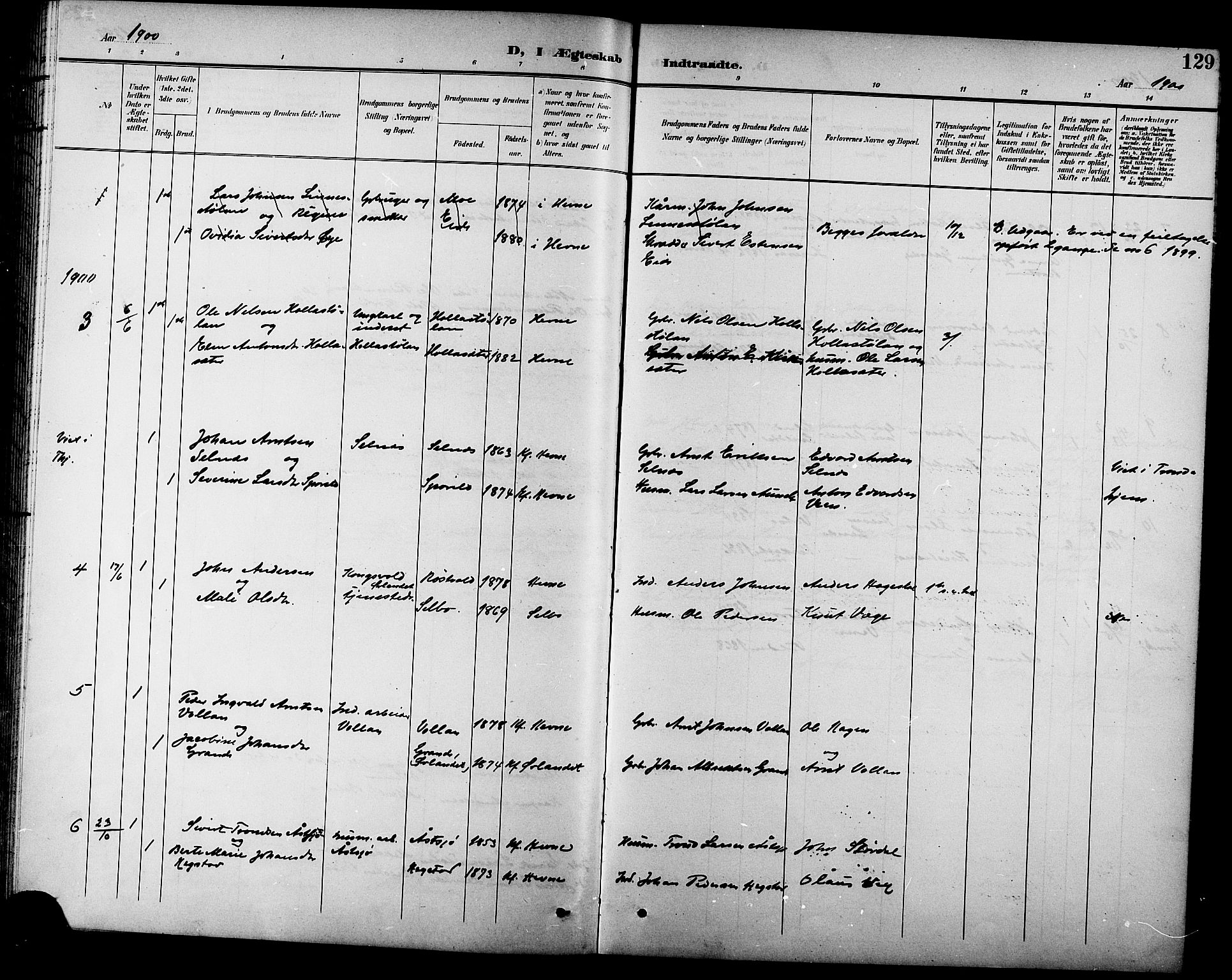 Ministerialprotokoller, klokkerbøker og fødselsregistre - Sør-Trøndelag, SAT/A-1456/630/L0505: Parish register (copy) no. 630C03, 1899-1914, p. 129