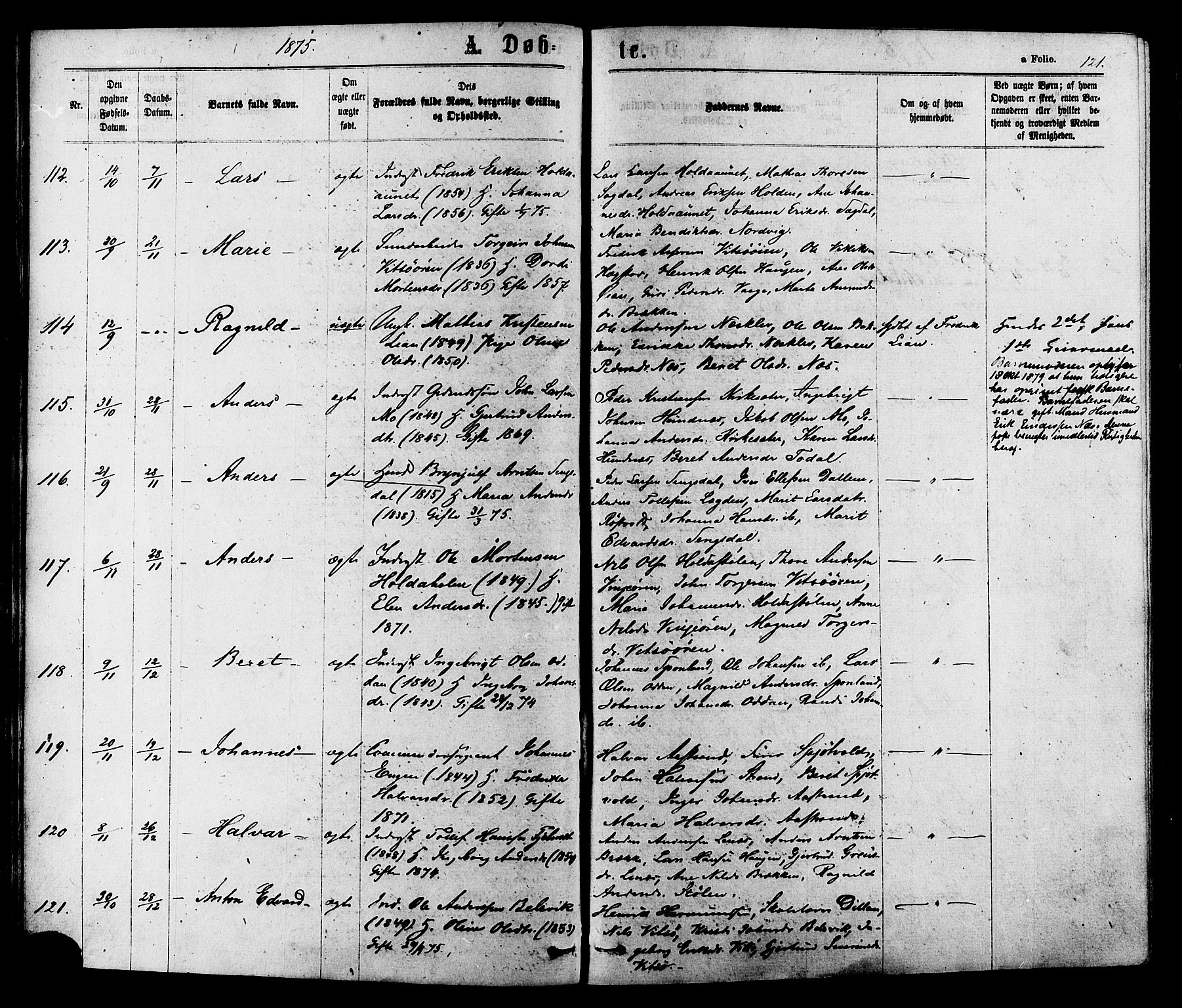Ministerialprotokoller, klokkerbøker og fødselsregistre - Sør-Trøndelag, SAT/A-1456/630/L0495: Parish register (official) no. 630A08, 1868-1878, p. 121