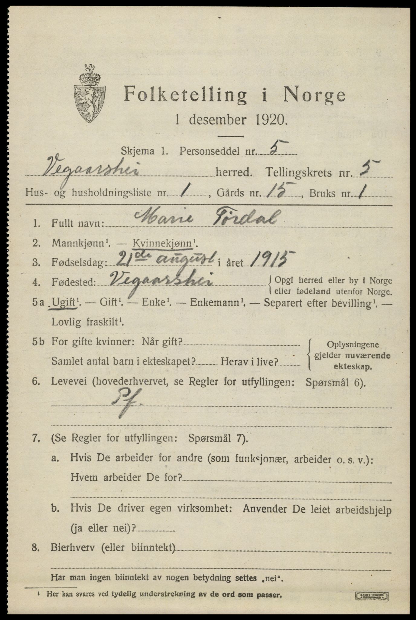 SAK, 1920 census for Vegårshei, 1920, p. 1910