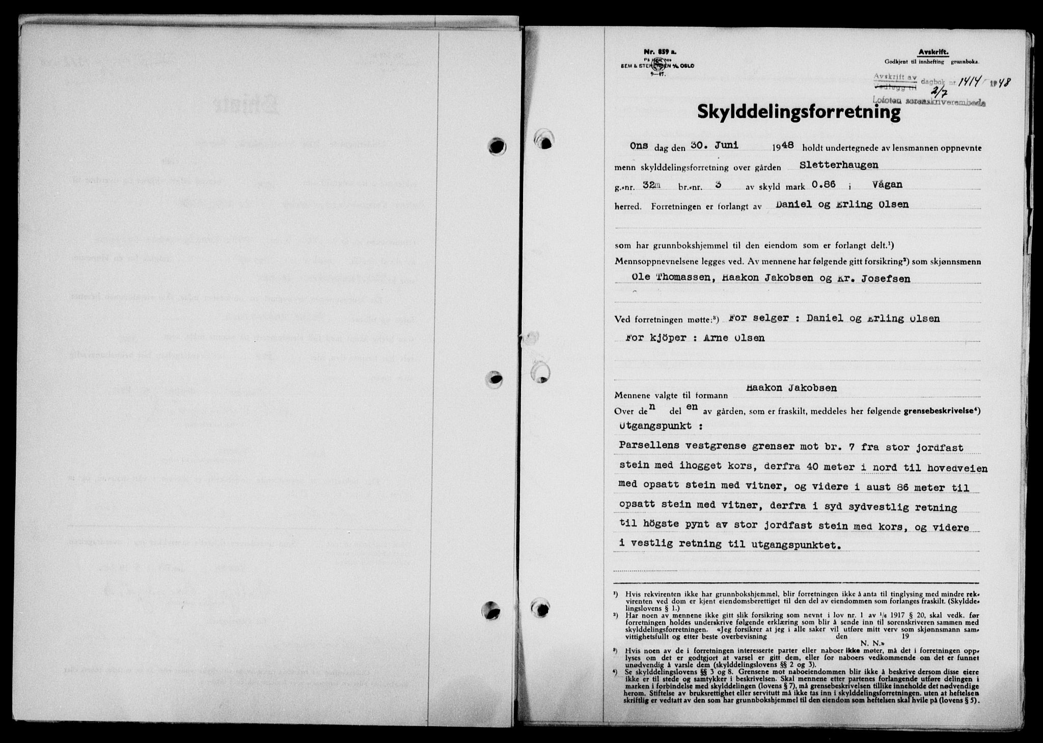 Lofoten sorenskriveri, SAT/A-0017/1/2/2C/L0018a: Mortgage book no. 18a, 1948-1948, Diary no: : 1414/1948