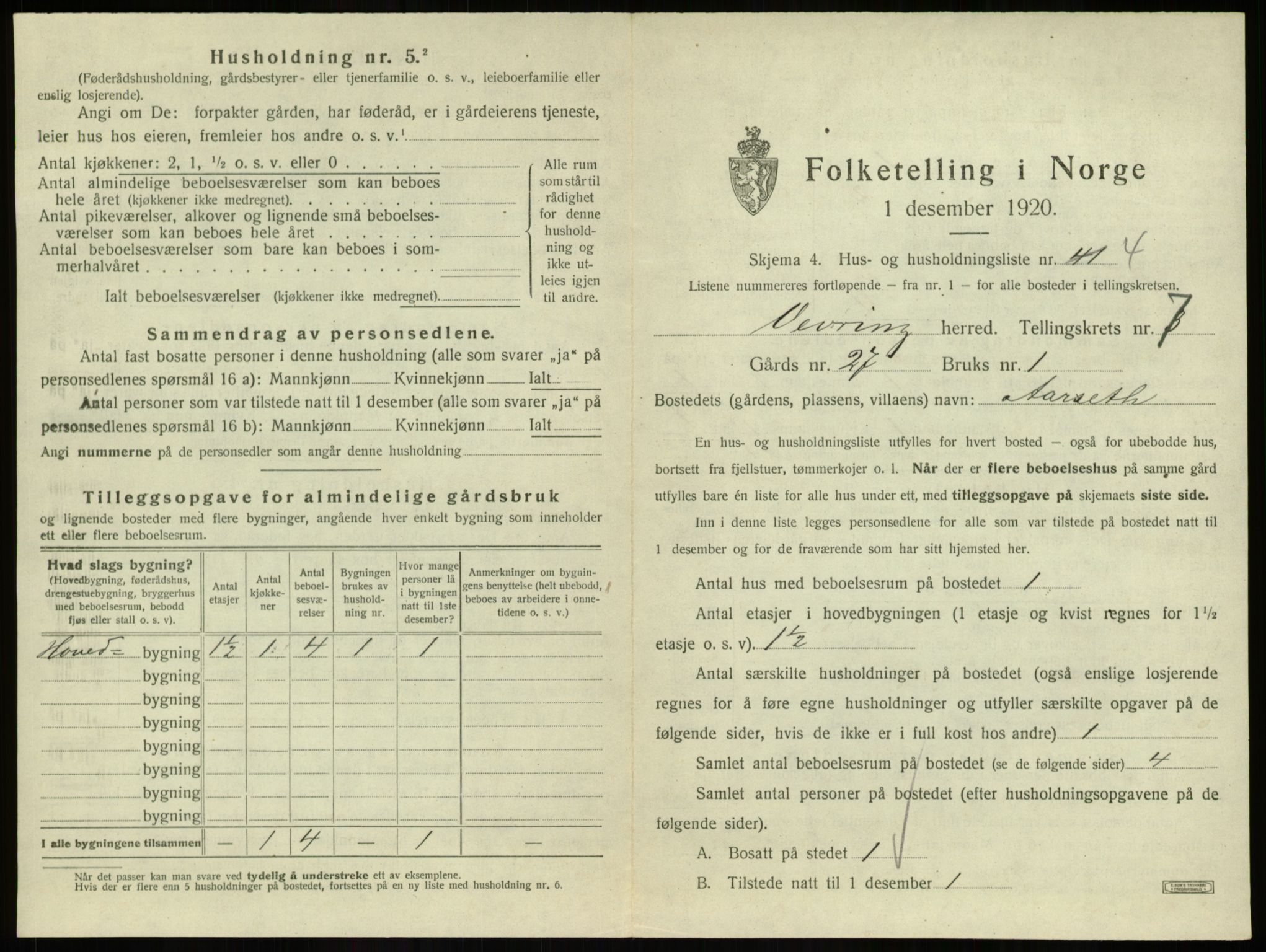 SAB, 1920 census for Vevring, 1920, p. 309